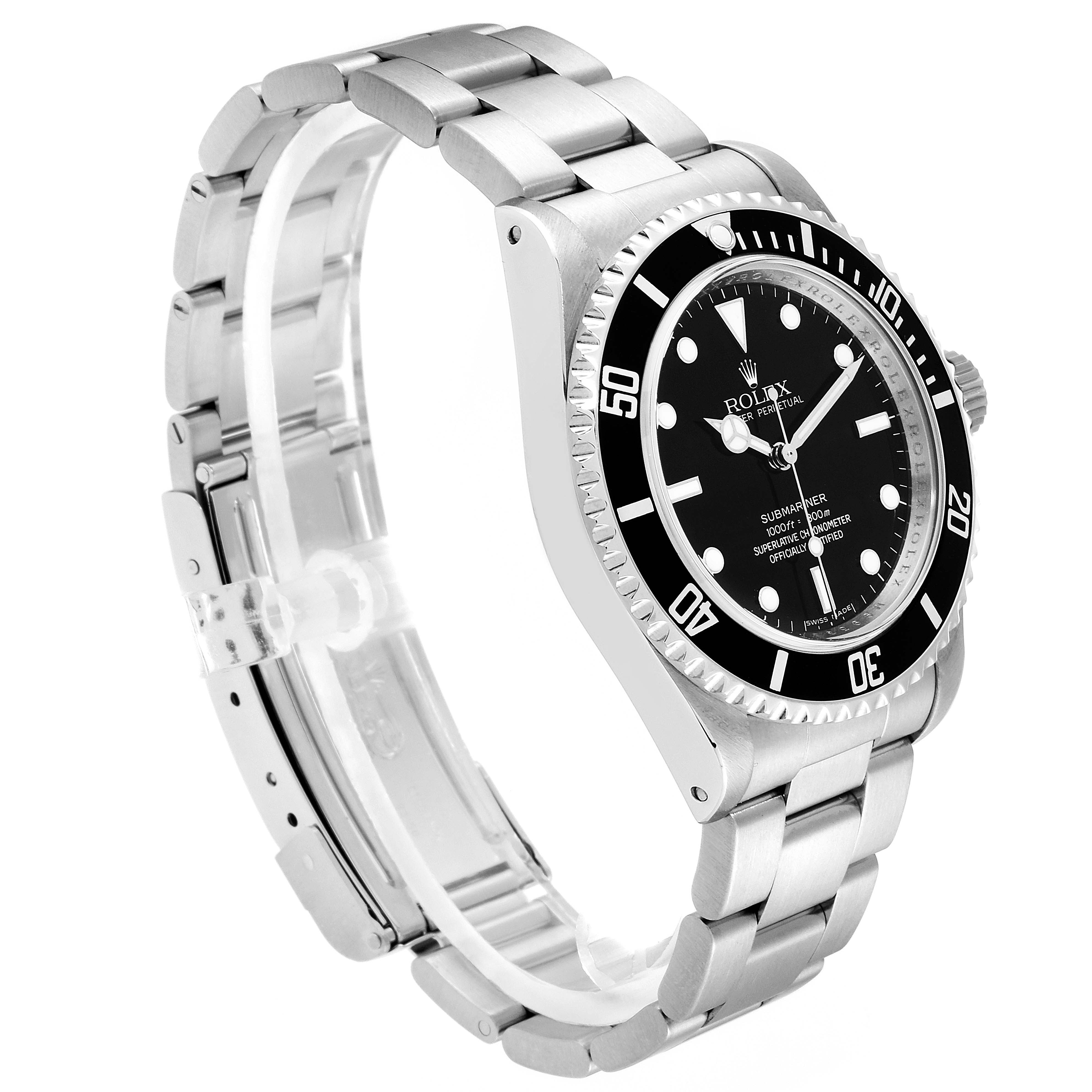 This image shows a Rolex Submariner 14060 Men's Stainless Steel Black Dial 14060 Men's Stainless Steel Black Dial watch at a side angle, highlighting its black dial, bezel, and stainless steel bracelet.