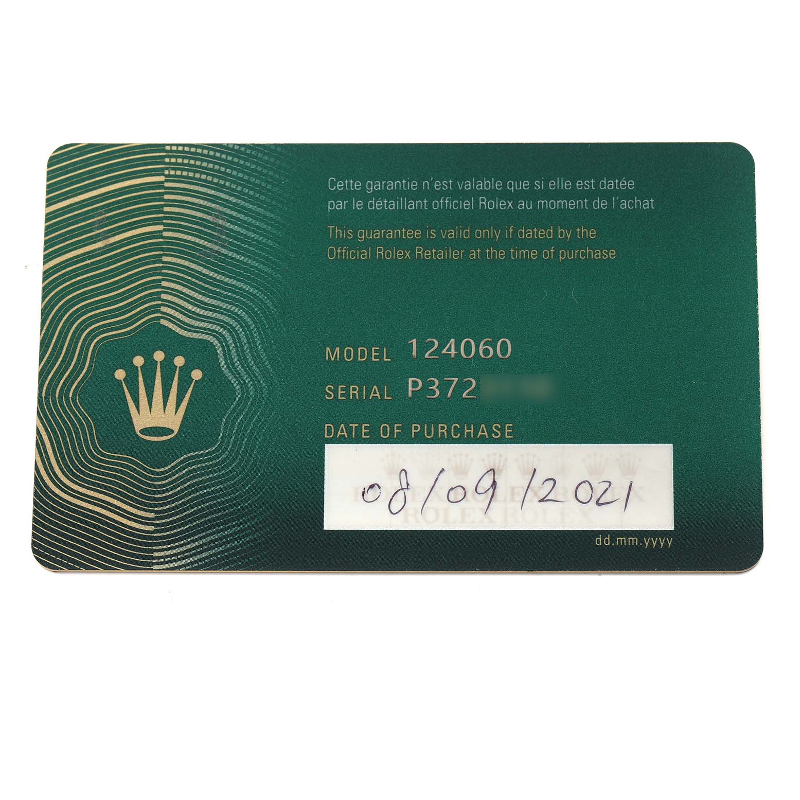 The image shows a Rolex Submariner 124060 Men
s Stainless Steel Black Dial model 124060 warranty card.