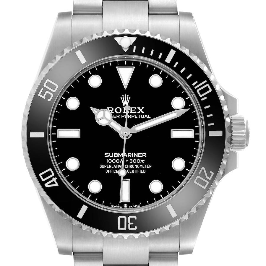The Rolex Submariner model 124060 is shown from the front, displaying the dial, bezel, and part of the bracelet.