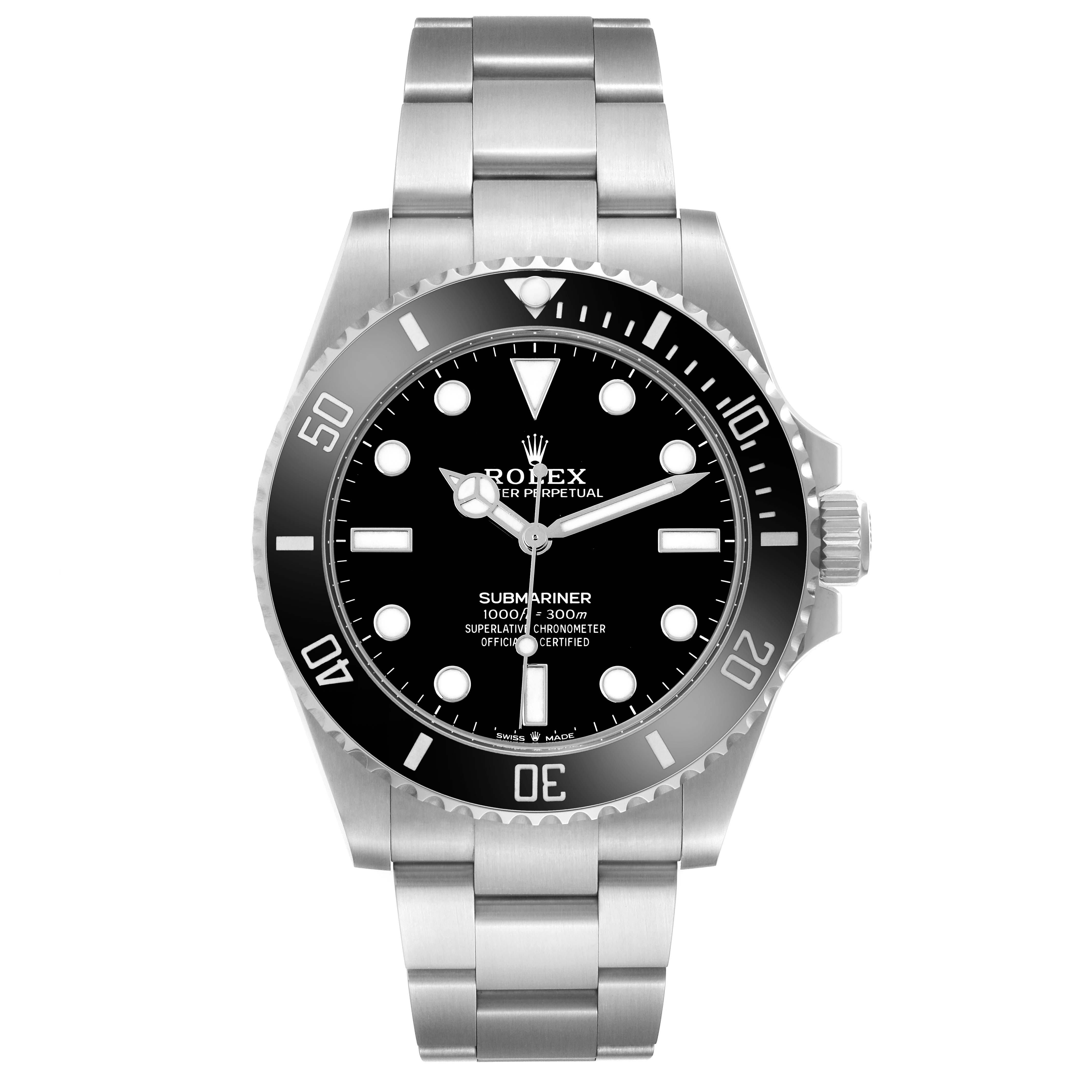 The Rolex Submariner 124060 Men
s Stainless Steel Black Dial watch is shown from a front angle, highlighting the dial, bezel, and bracelet.