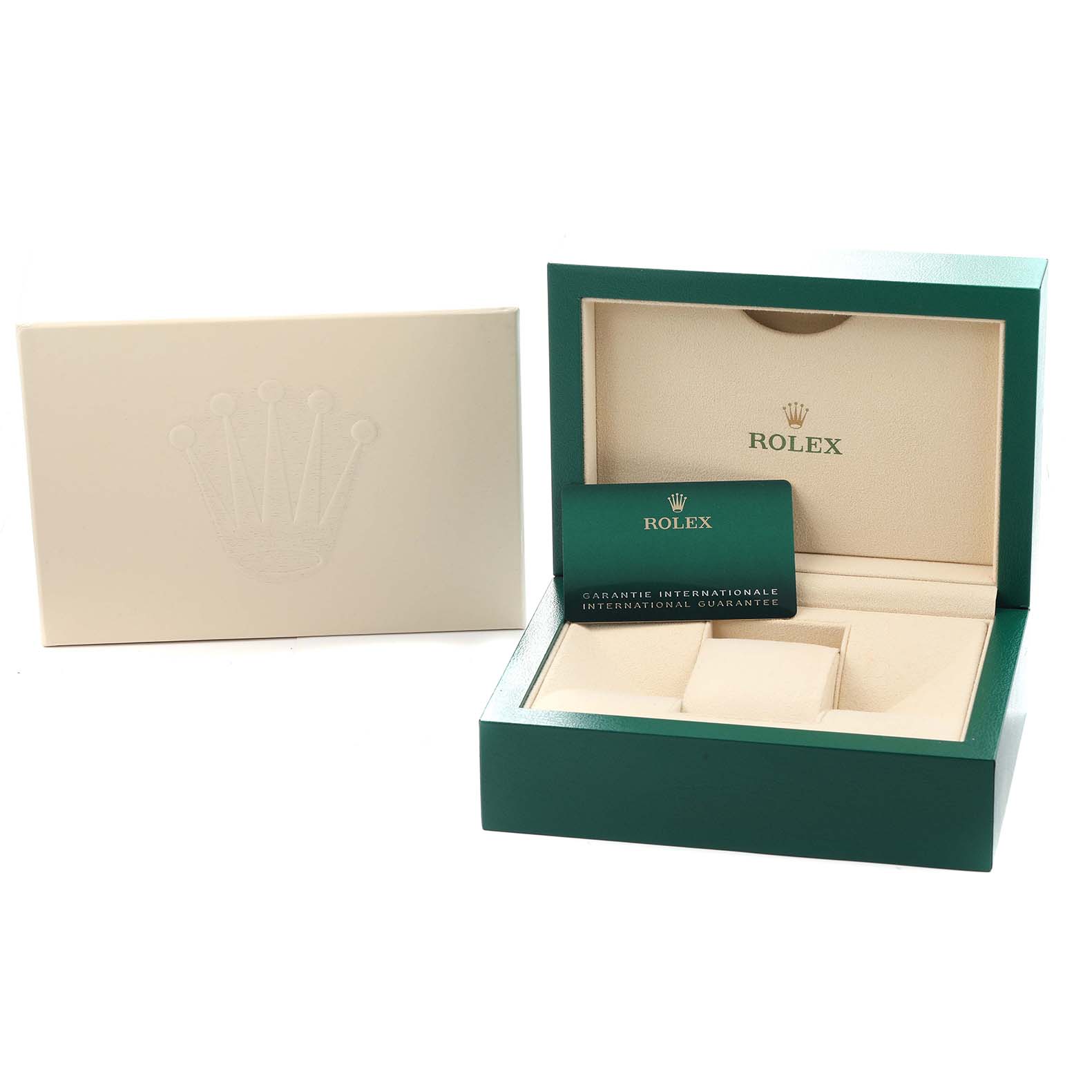 The image shows the packaging box of a Rolex Submariner 124060 Men
s Stainless Steel Black Dial, with the open box and guarantee card visible.