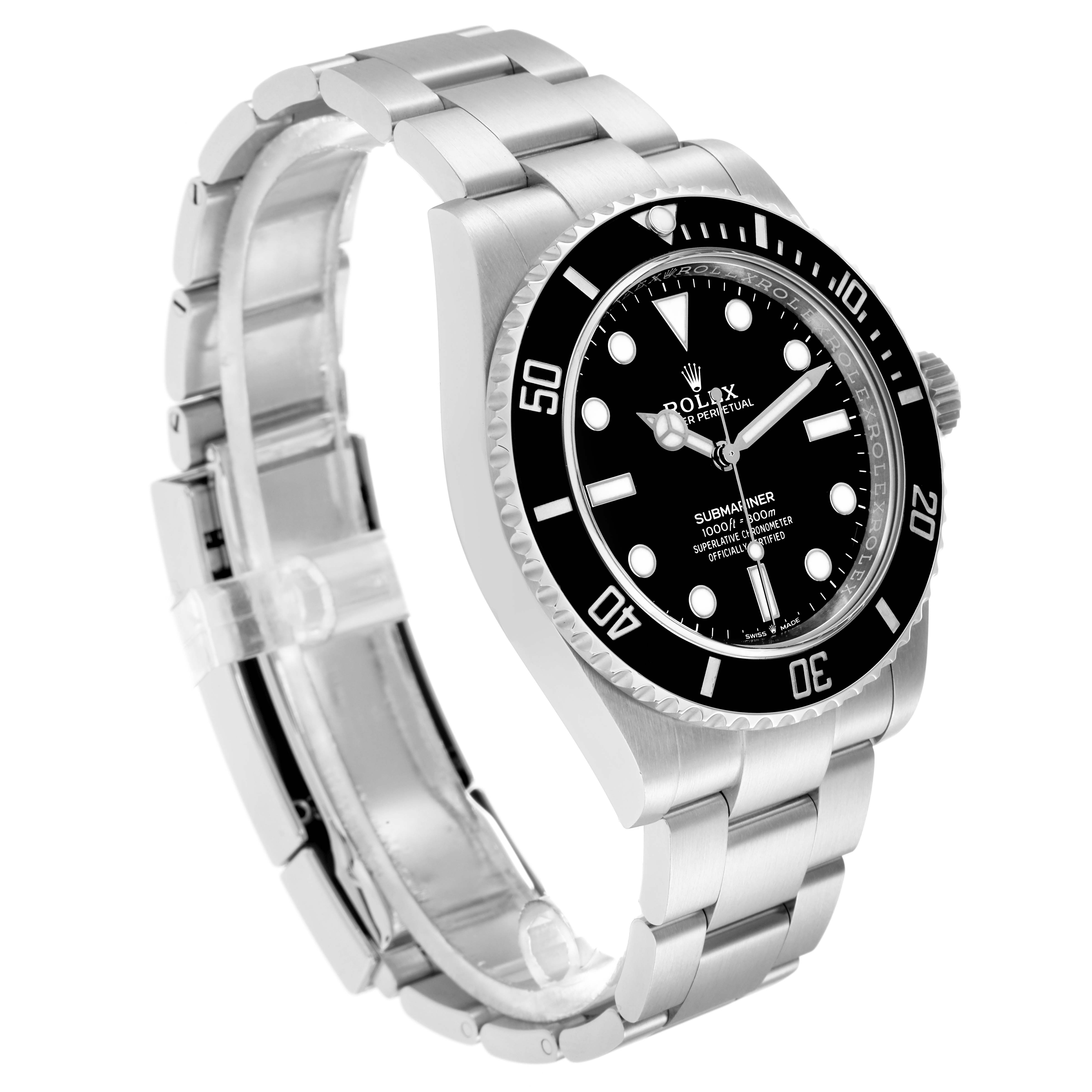 The Rolex Submariner 124060 Men
s Stainless Steel Black Dial is shown at an angle highlighting the bezel, dial, crown, and stainless steel bracelet.
