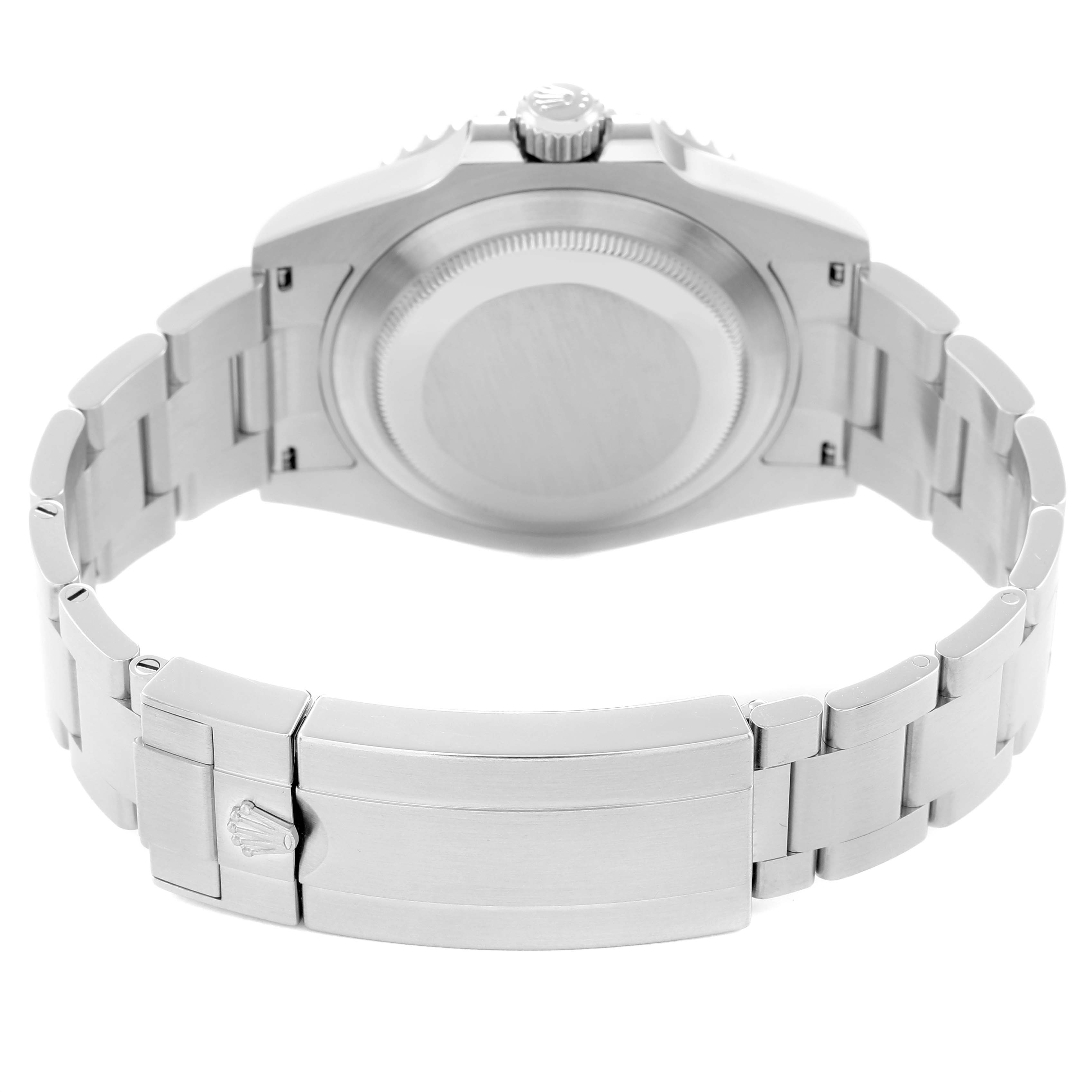 The image shows the back of a Rolex Submariner 124060 Men
s Stainless Steel Black Dial watch, highlighting the bracelet, clasp, case back, and crown.