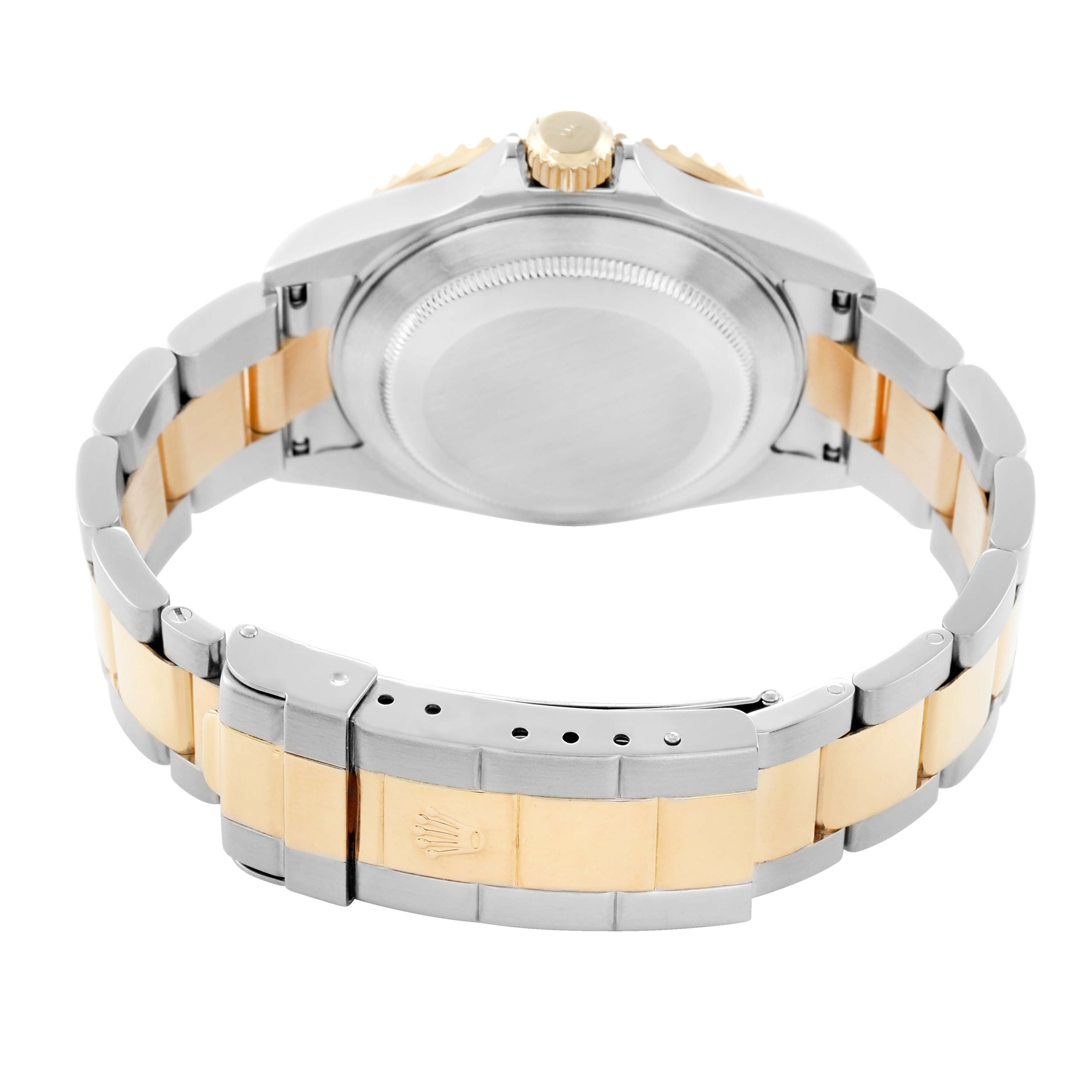 The Rolex Submariner 16613 Men
s Steel and Gold (two tone) Blue Dial watch is shown from the back, highlighting its case back, bracelet, and clasp.