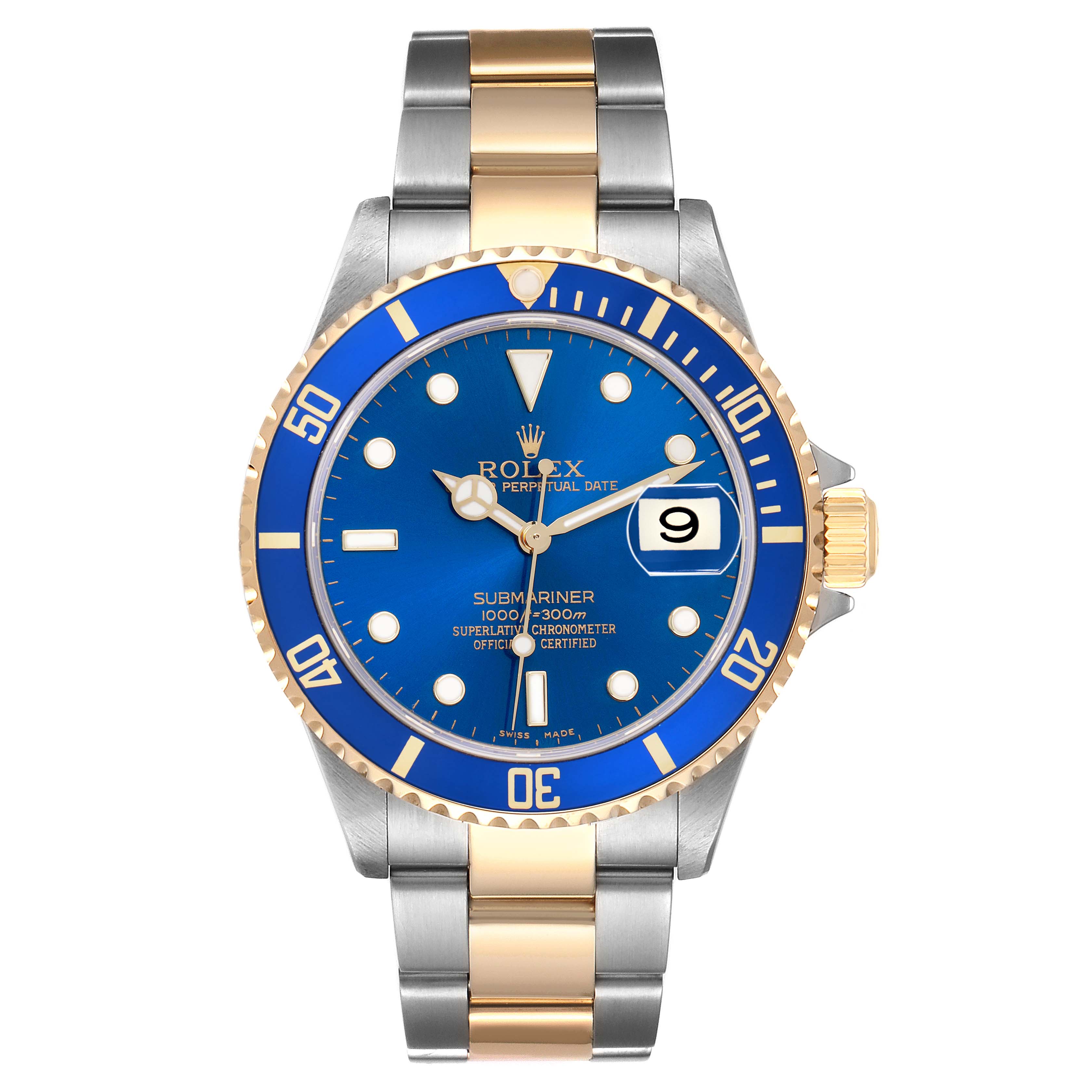 The Rolex Submariner 16613 Men
s Steel and Gold (two tone) Blue Dial is shown from a front angle, displaying the blue dial, bezel, case, and two-tone bracelet.