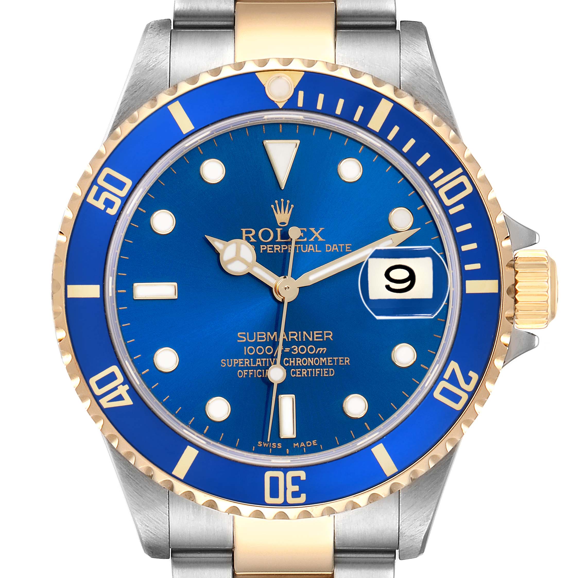 The Rolex Submariner 16613 Men
s Steel and Gold (two tone) Blue Dial is shown from the front, displaying the bezel, dial, luminescent markers, and date window.