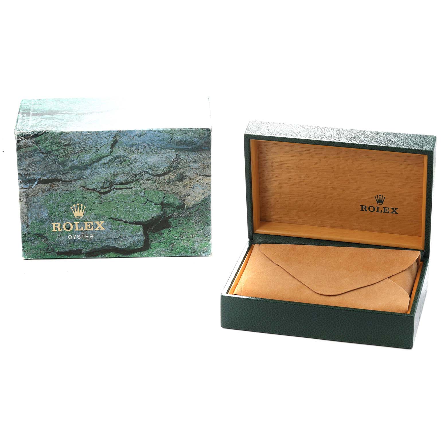 This image shows the packaging for a Rolex Submariner 16613 Men
s Steel and Gold (two tone) Blue Dial, with an open box and outer cardboard cover.