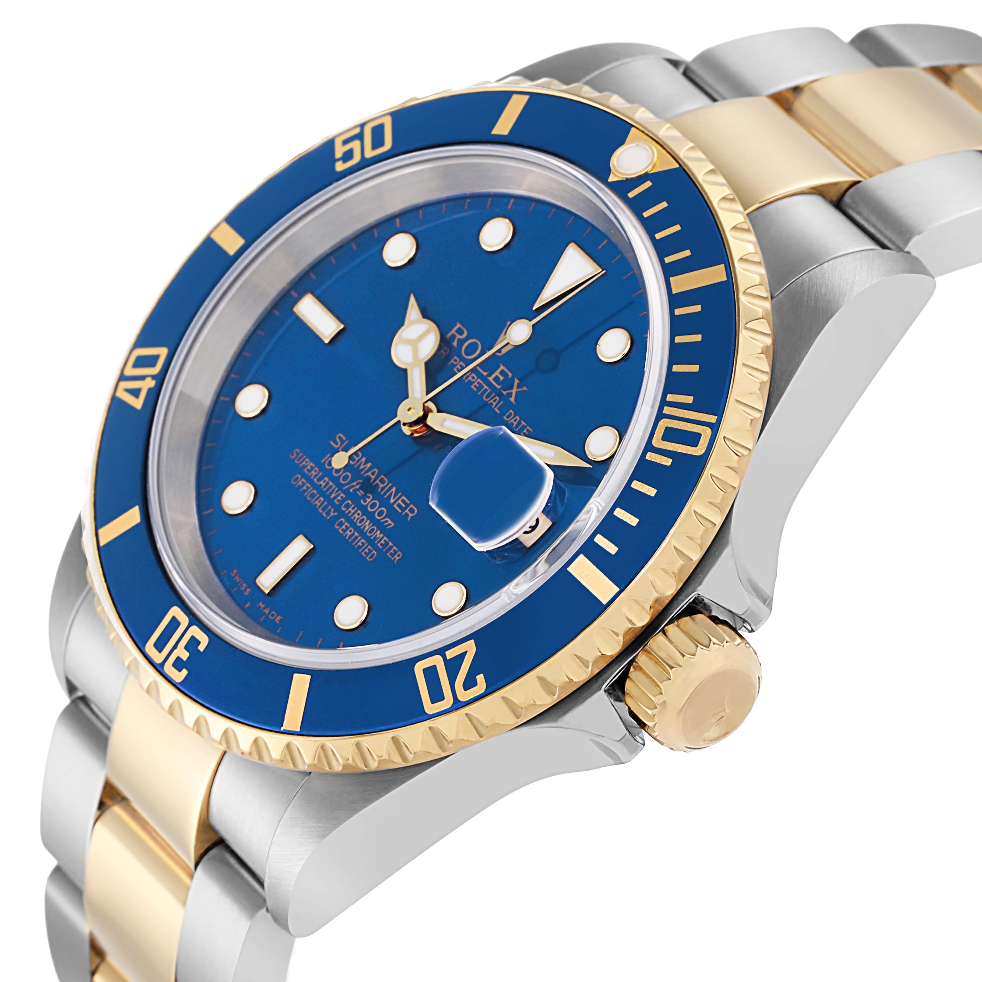 The image shows the Rolex Submariner 16613 Men
s Steel and Gold (two tone) Blue Dial at an angled side view, highlighting the blue dial, bezel, gold crown, and two-tone bracelet.