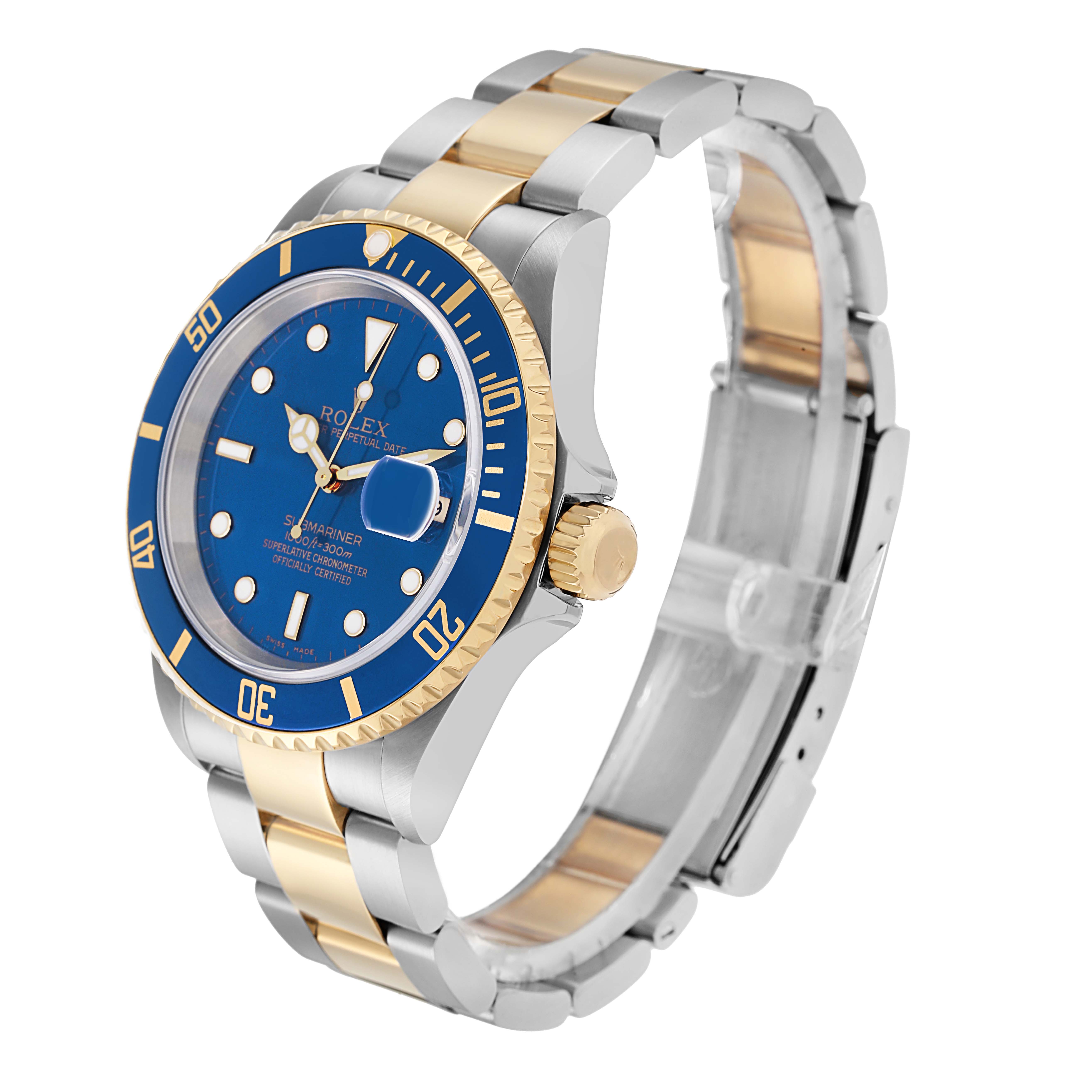 The Rolex Submariner 16613 Men
s Steel and Gold (two tone) Blue Dial model is shown at a three-quarter angle, highlighting its blue dial, bezel, and two-tone bracelet.