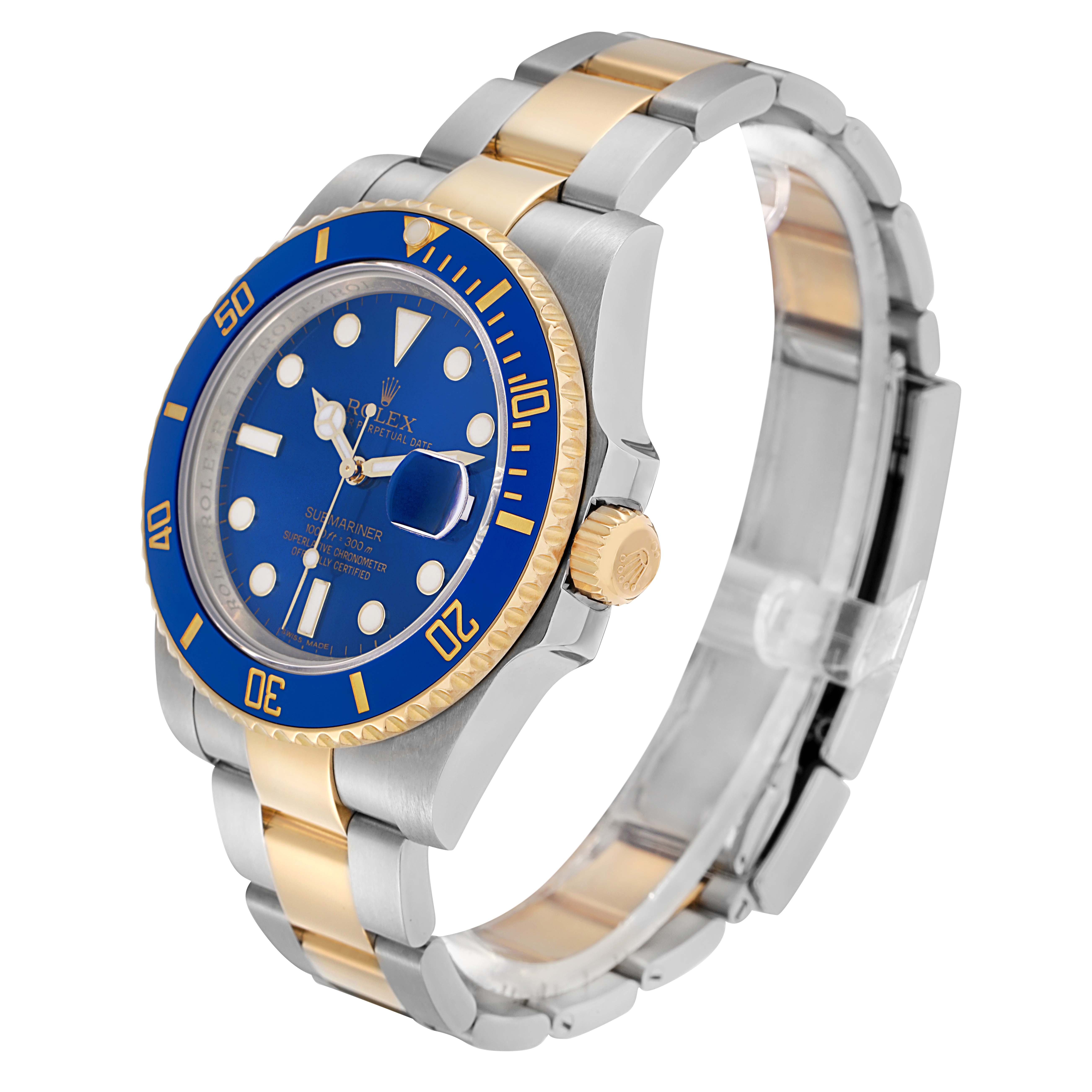 The Rolex Submariner 116613 Men
s Steel and Gold (two tone) Blue Dial is shown at a three-quarter angle, highlighting the blue dial, bezel, and two-tone bracelet.