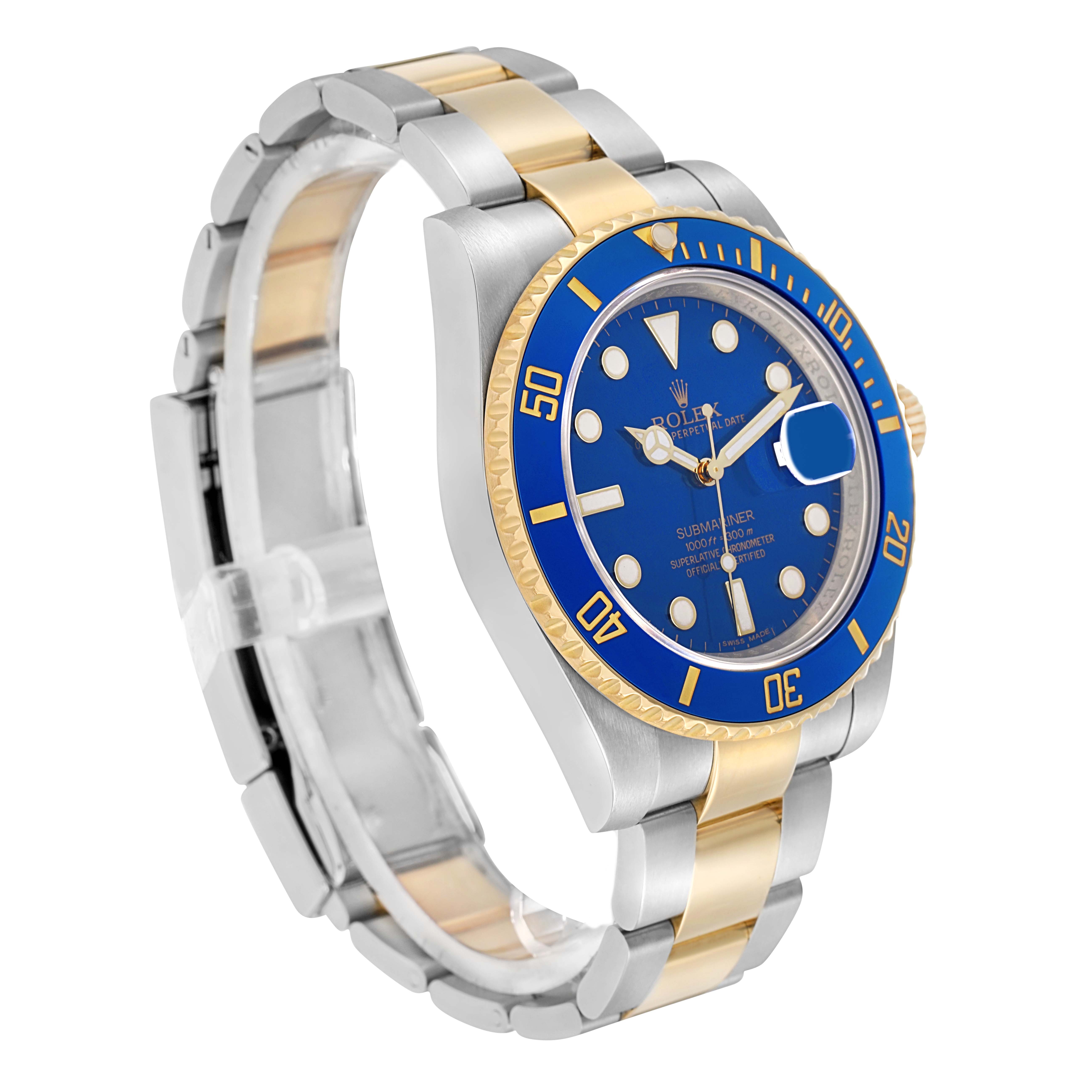 The Rolex Submariner 116613 Men
s Steel and Gold (two tone) Blue Dial watch is shown at a three-quarter angle, featuring the blue dial, bezel, and two-tone bracelet.