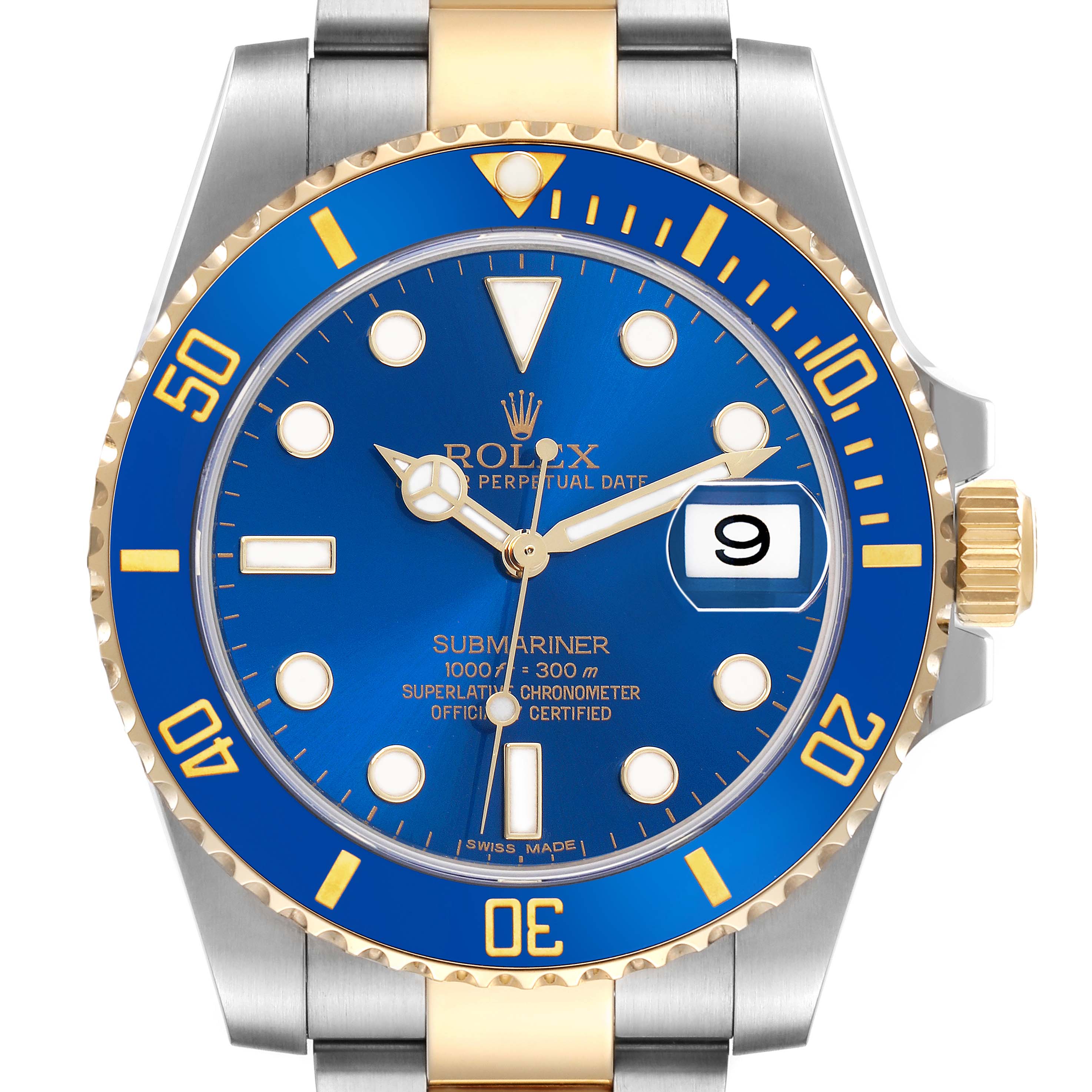 The Rolex Submariner 116613 Men
s Steel and Gold (two tone) Blue Dial is shown from the front, highlighting its blue dial, bezel, and gold accents.