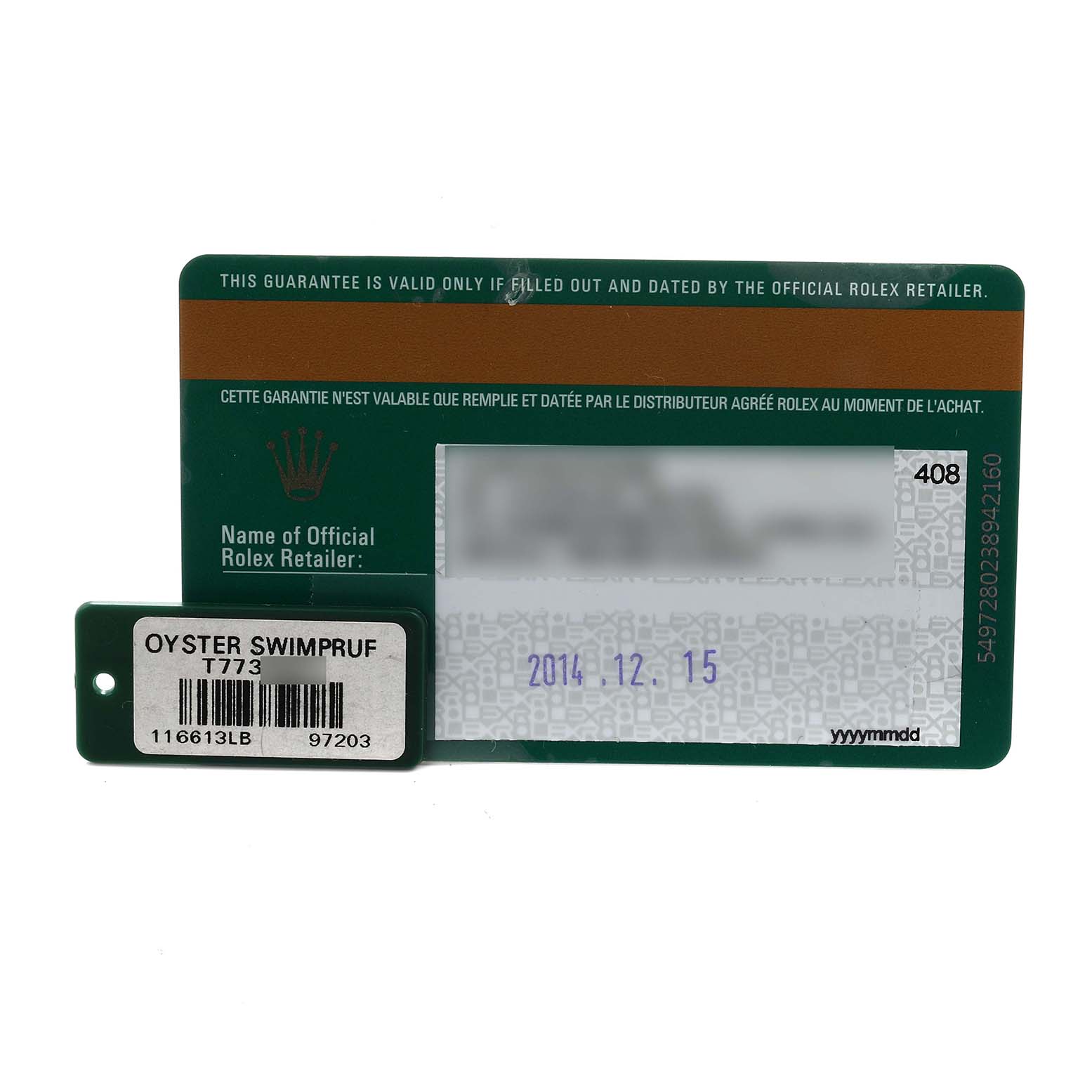 The image shows a warranty card and tag for the Rolex Submariner 116613 Men
s Steel and Gold (two tone) Blue Dial model, including purchase details.