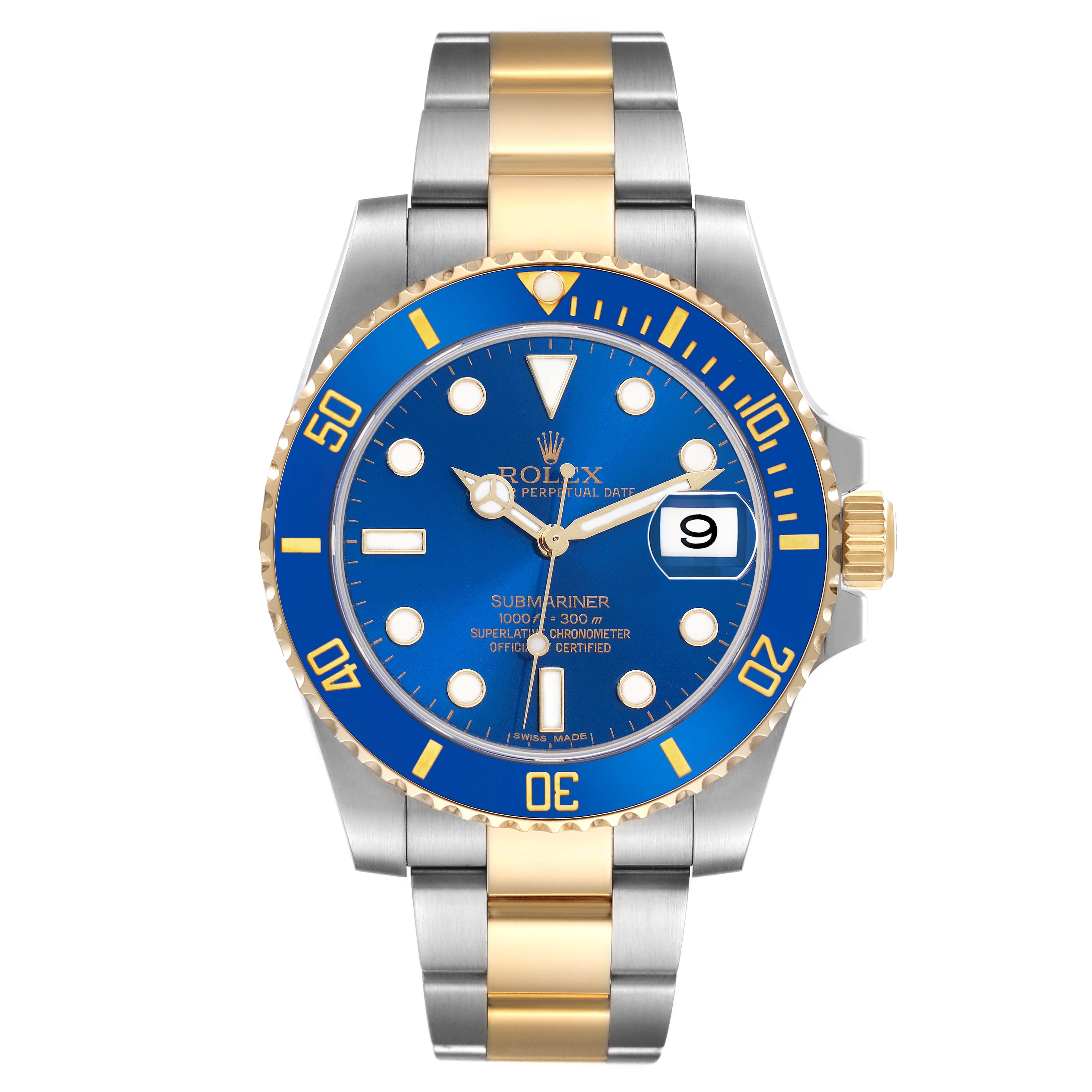 The Rolex Submariner 116613 Men
s Steel and Gold (two tone) Blue Dial watch is shown from the front, displaying its blue dial, gold bezel, and two-tone bracelet.