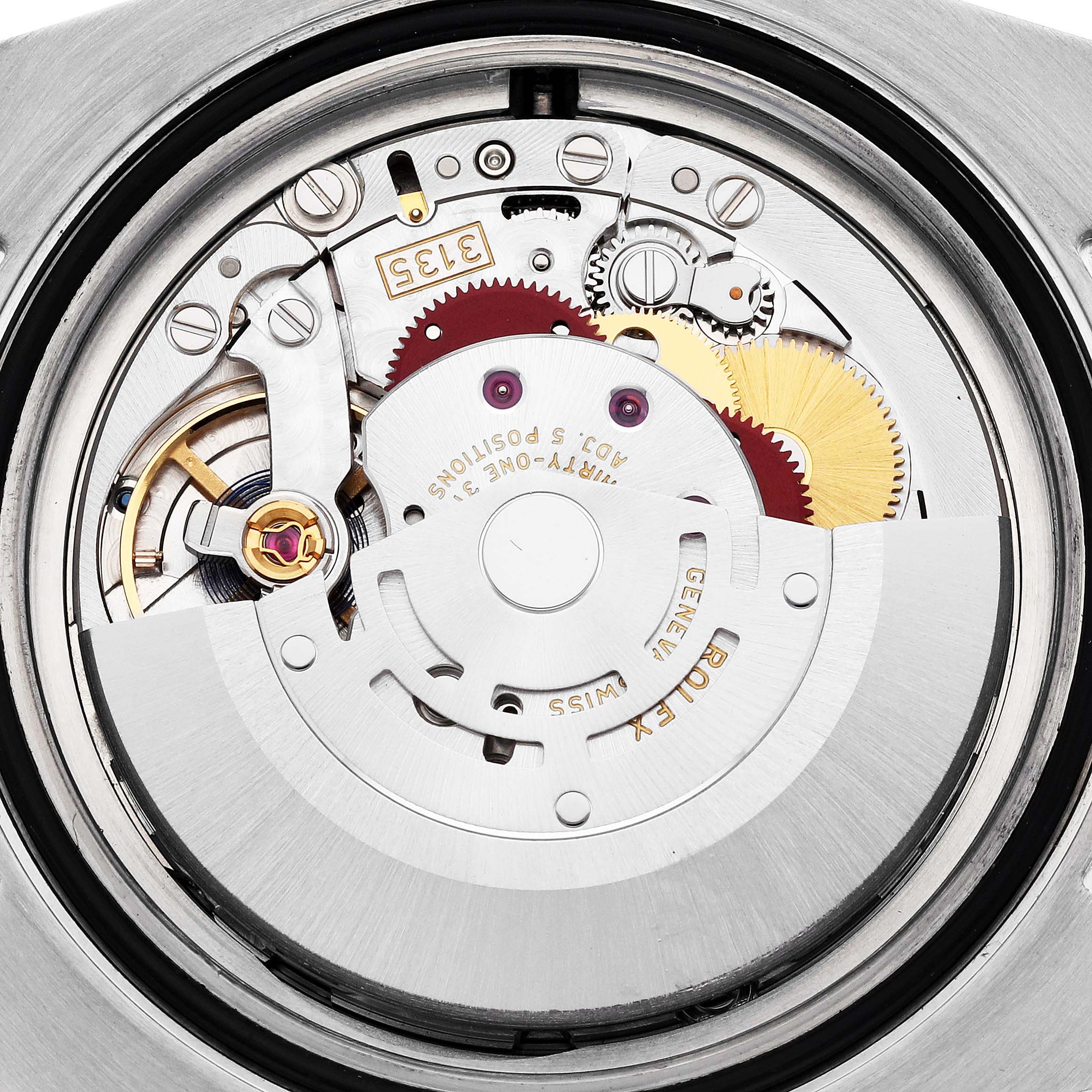 The image shows the internal mechanism of a Rolex Submariner 116613 Men
s Steel and Gold (two tone) Blue Dial watch, focusing on the movement components.