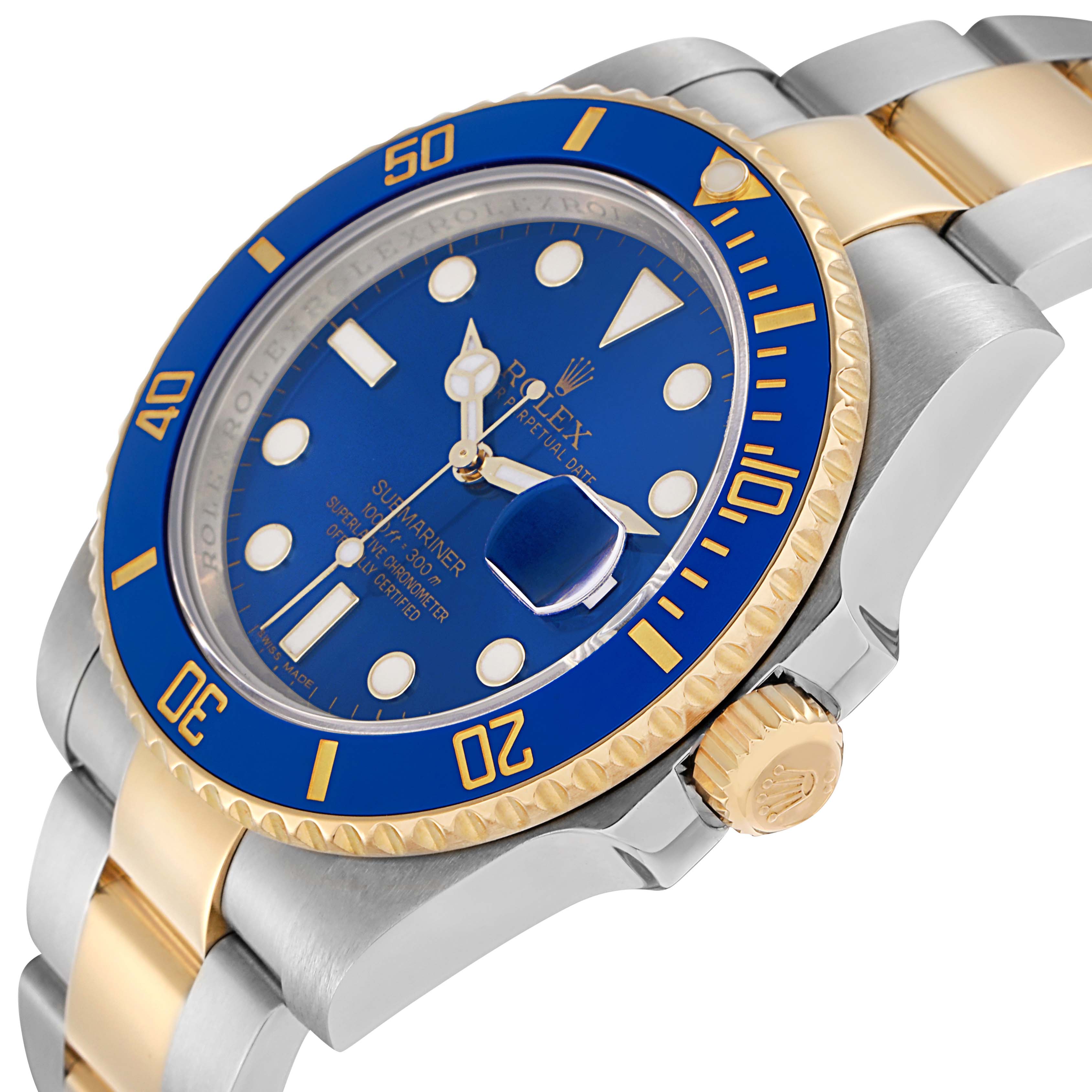 The Rolex Submariner 116613 Men
s Steel and Gold (two tone) Blue Dial is shown at an angled close-up, highlighting the blue dial, bezel, gold crown, and bracelet details.