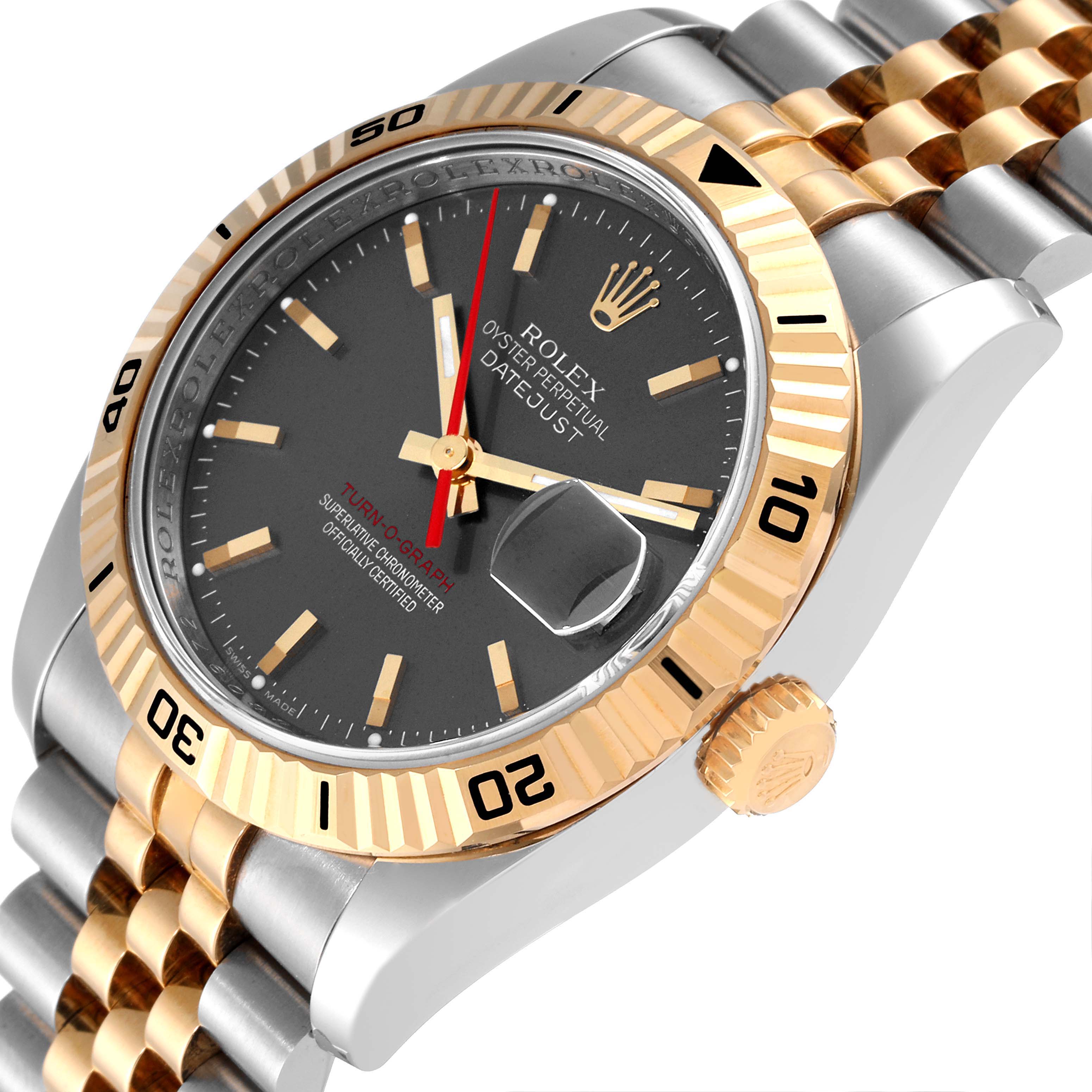 The image shows a Rolex Turn-o-Graph 116263 Men
s Steel and Gold (two tone) Grey Dial 116263 Men
s Steel and Gold (two tone) Grey Dial watch from a slight side angle, highlighting the bezel, crown, dial, and bracelet.