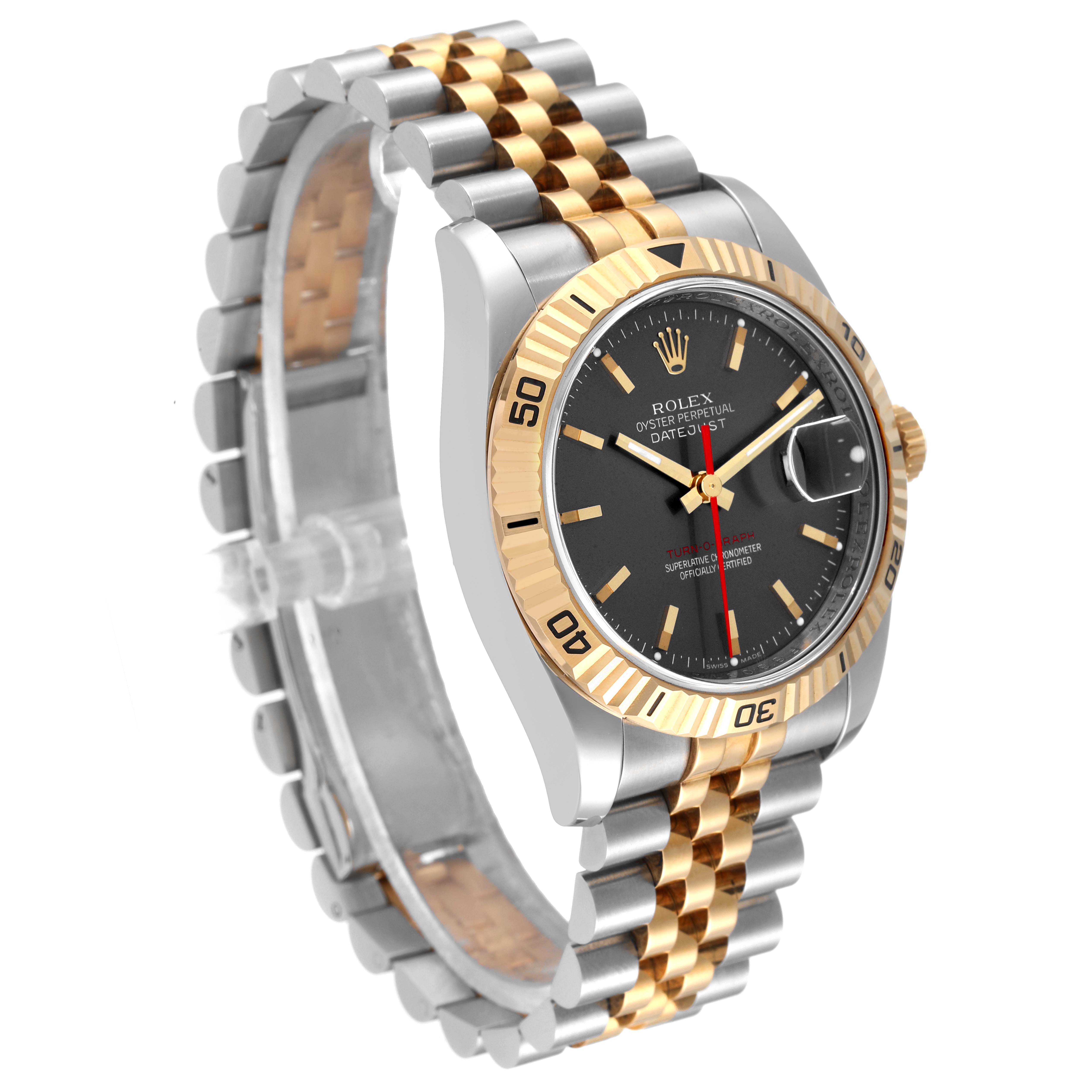 The Rolex Turn-o-Graph 116263 Men
s Steel and Gold (two tone) Grey Dial 116263 Men
s Steel and Gold (two tone) Grey Dial watch is angled to the left, showing the face, bezel, crown, and partial bracelet.
