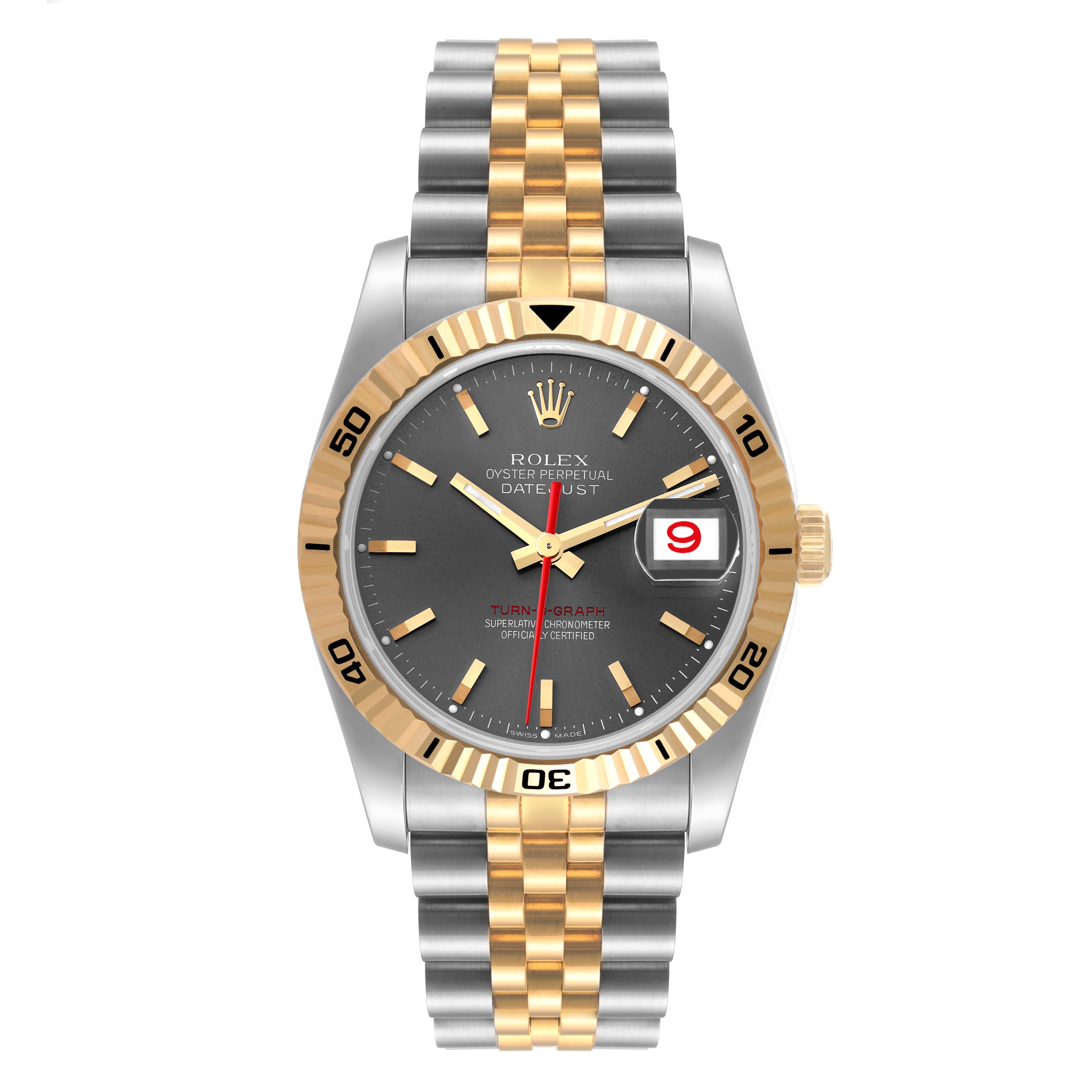 This Rolex Turn-o-Graph 116263 Men
s Steel and Gold (two tone) Grey Dial 116263 Men
s Steel and Gold (two tone) Grey Dial watch is shown from a front view, displaying the face, bezel, and bi-metal bracelet.