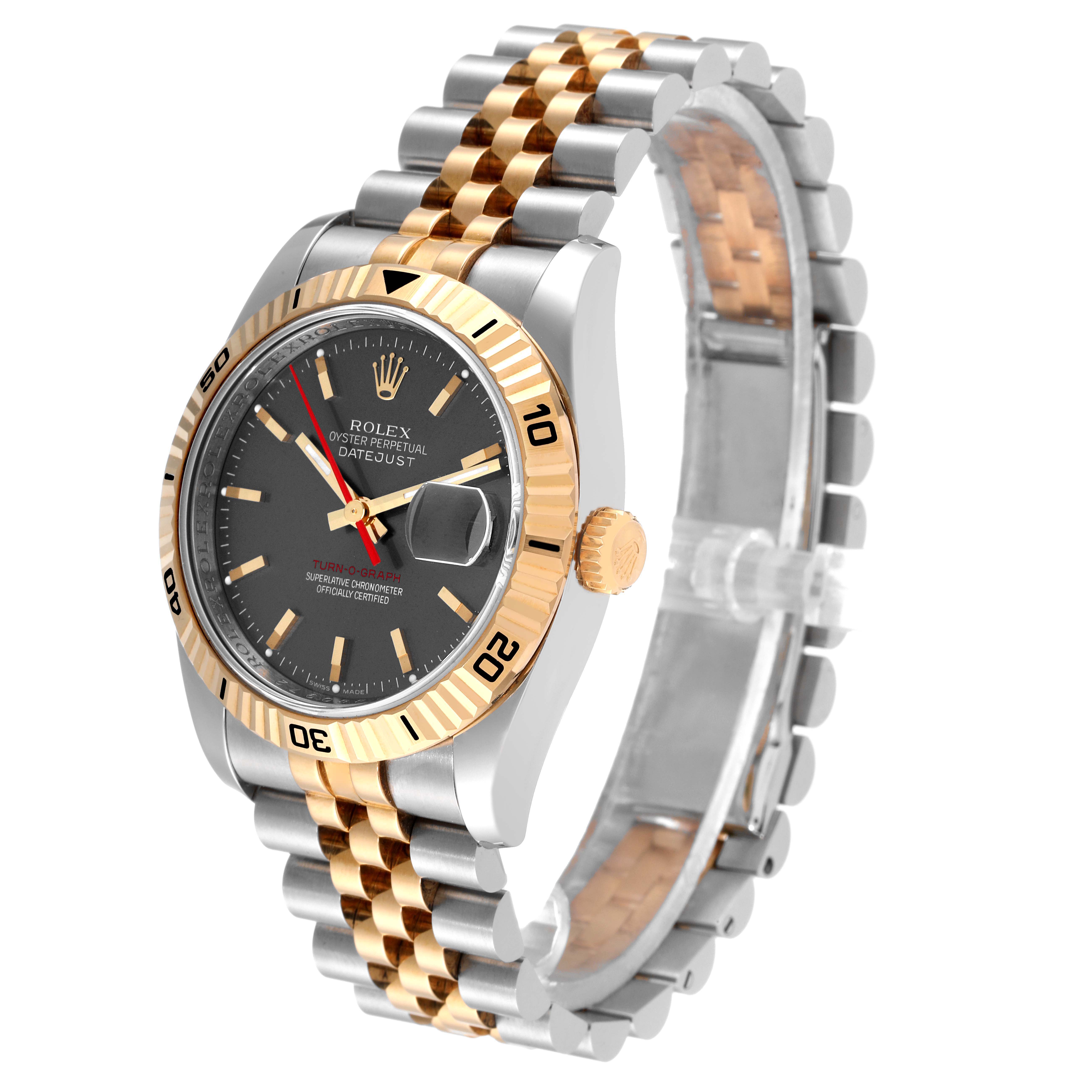 The image shows a Rolex Turn-o-Graph 116263 Men
s Steel and Gold (two tone) Grey Dial 116263 Men
s Steel and Gold (two tone) Grey Dial watch at a three-quarter angle, highlighting its bezel, dial, hands, and bicolor bracelet.