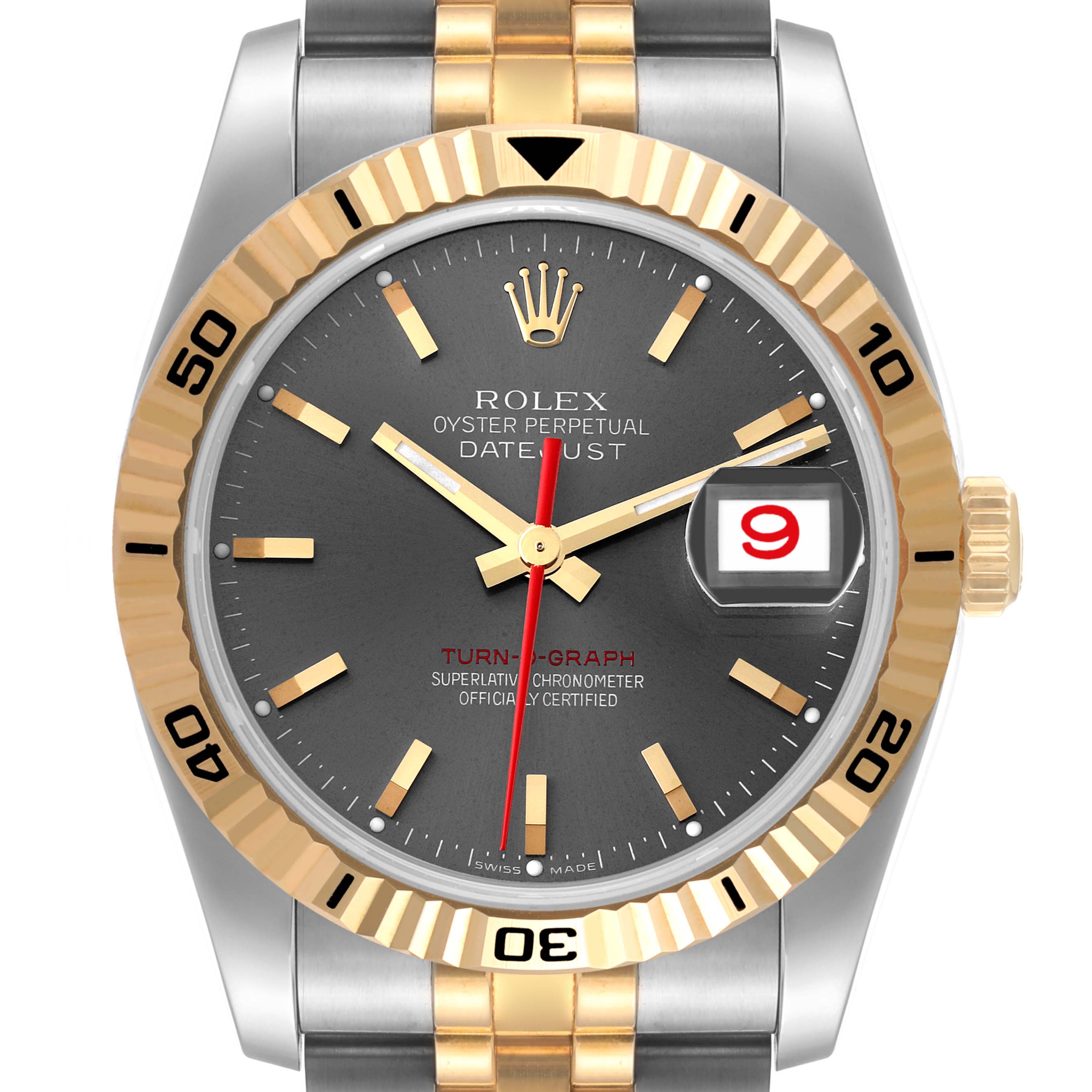 The image shows the face of a Rolex Turn-o-Graph 116263 Men
s Steel and Gold (two tone) Grey Dial 116263 Men
s Steel and Gold (two tone) Grey Dial Datejust watch, highlighting the dial, bezel, and part of the bracelet.