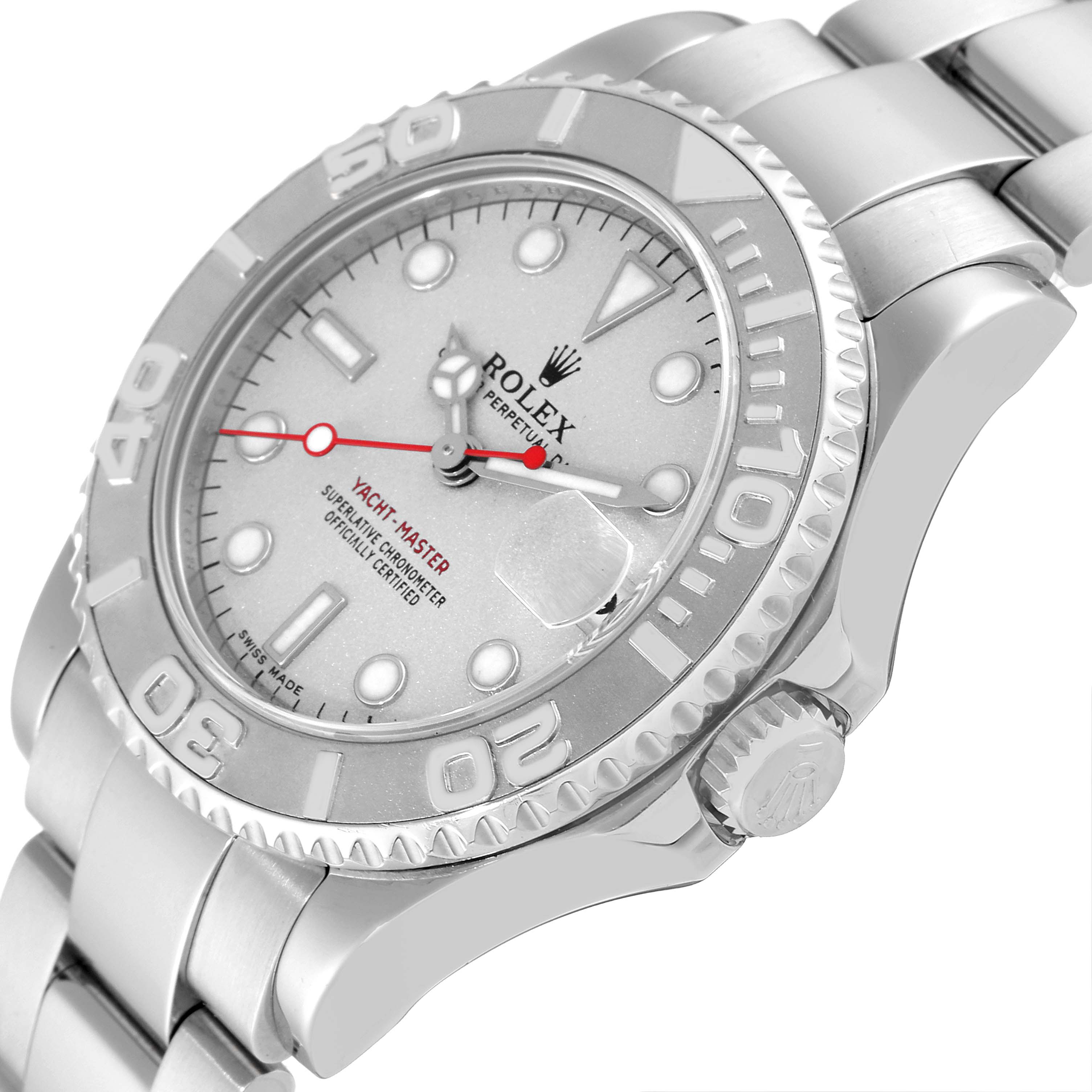 The image shows a close-up angled view of a Rolex Yacht-Master 168622 Men's Stainless Steel Silver Dial 168622 Men's Stainless Steel Silver Dial watch, highlighting the dial, bezel, and crown.