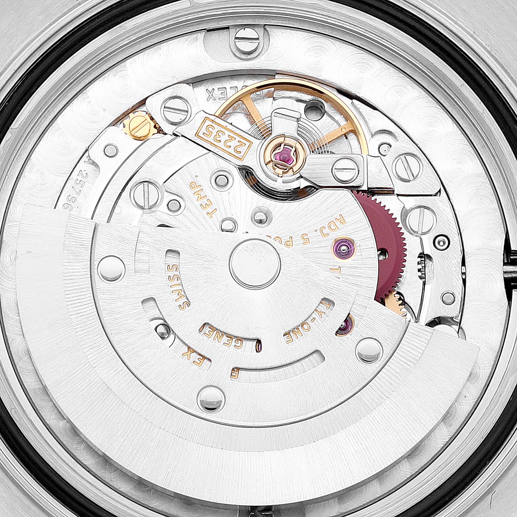 This image shows an internal close-up of the Rolex Yacht-Master 168622 Men's Stainless Steel Silver Dial 168622 Men's Stainless Steel Silver Dial watch movement and mechanism.
