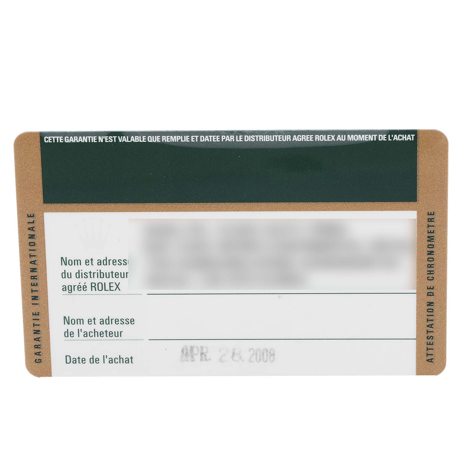 This image shows a warranty card for the Rolex Yacht-Master 168622 Men's Stainless Steel Silver Dial 168622 Men's Stainless Steel Silver Dial watch model.