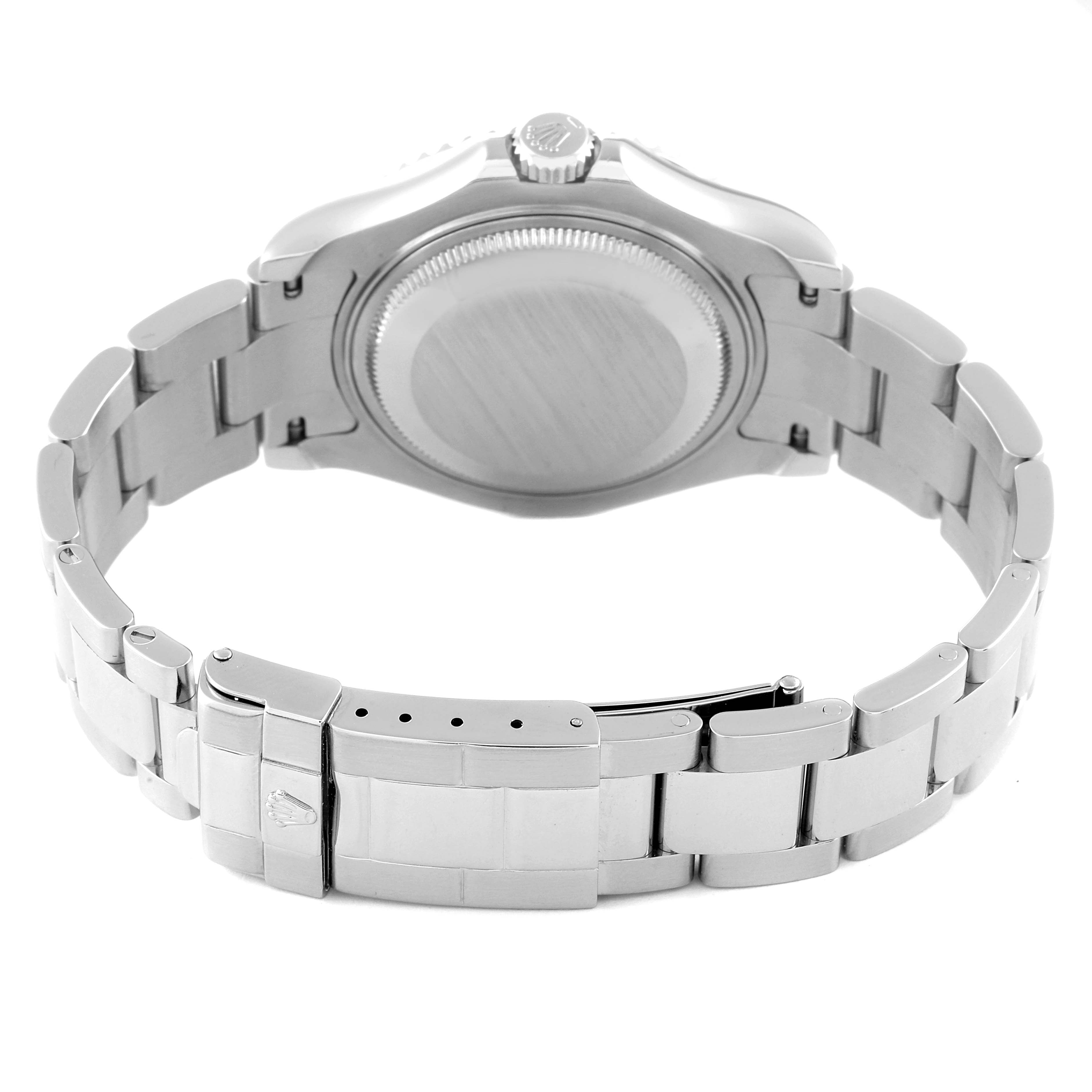 This image shows the back case and stainless steel bracelet of a Rolex Yacht-Master 168622 Men's Stainless Steel Silver Dial 168622 Men's Stainless Steel Silver Dial watch, viewed from the rear.