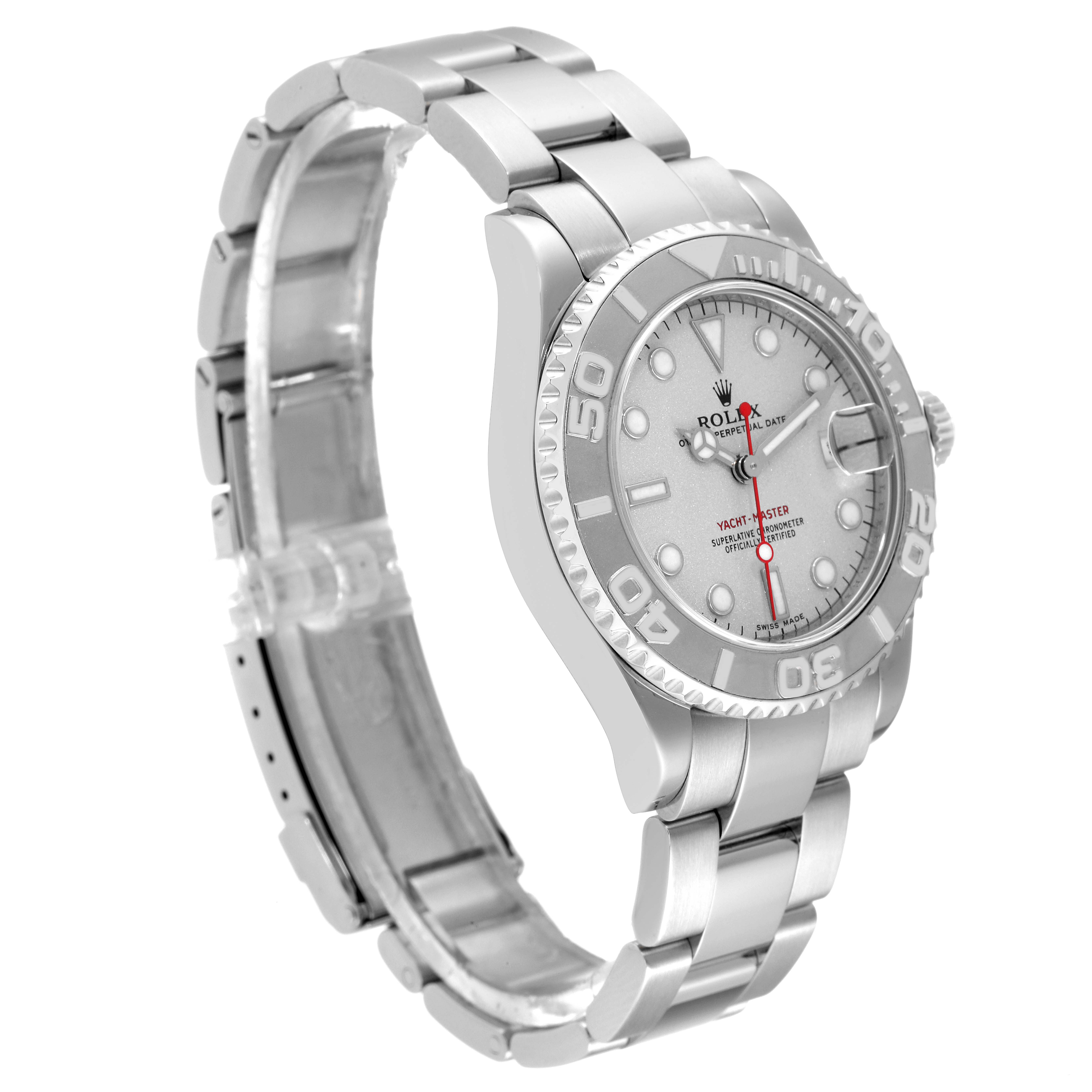 This image shows a side-angle view of a Rolex Yacht-Master 168622 Men's Stainless Steel Silver Dial 168622 Men's Stainless Steel Silver Dial watch, highlighting the bracelet, bezel, and dial.