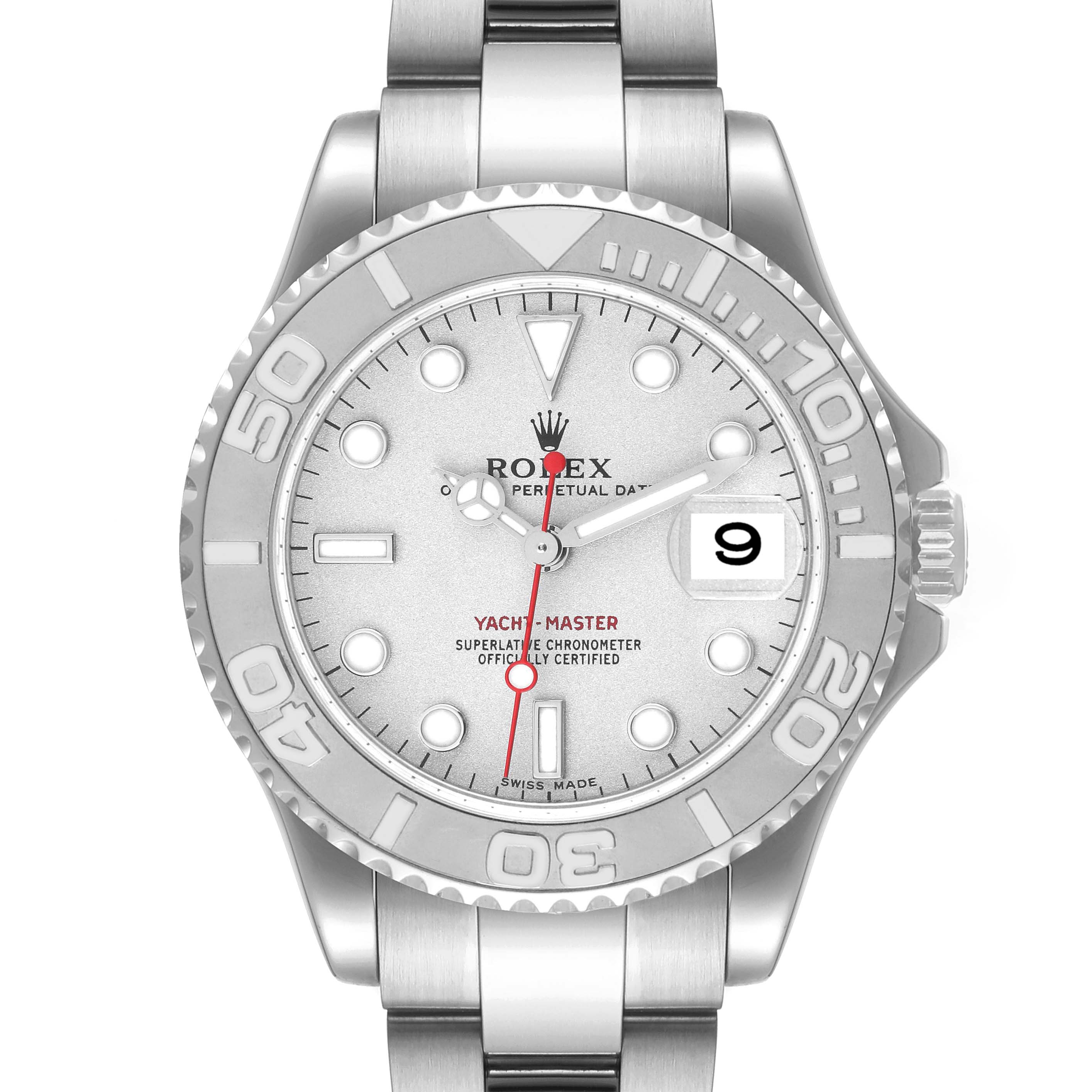 This Rolex Yacht-Master 168622 Men's Stainless Steel Silver Dial 168622 Men's Stainless Steel Silver Dial watch is shown from a top-down angle, highlighting the face, bezel, and bracelet.