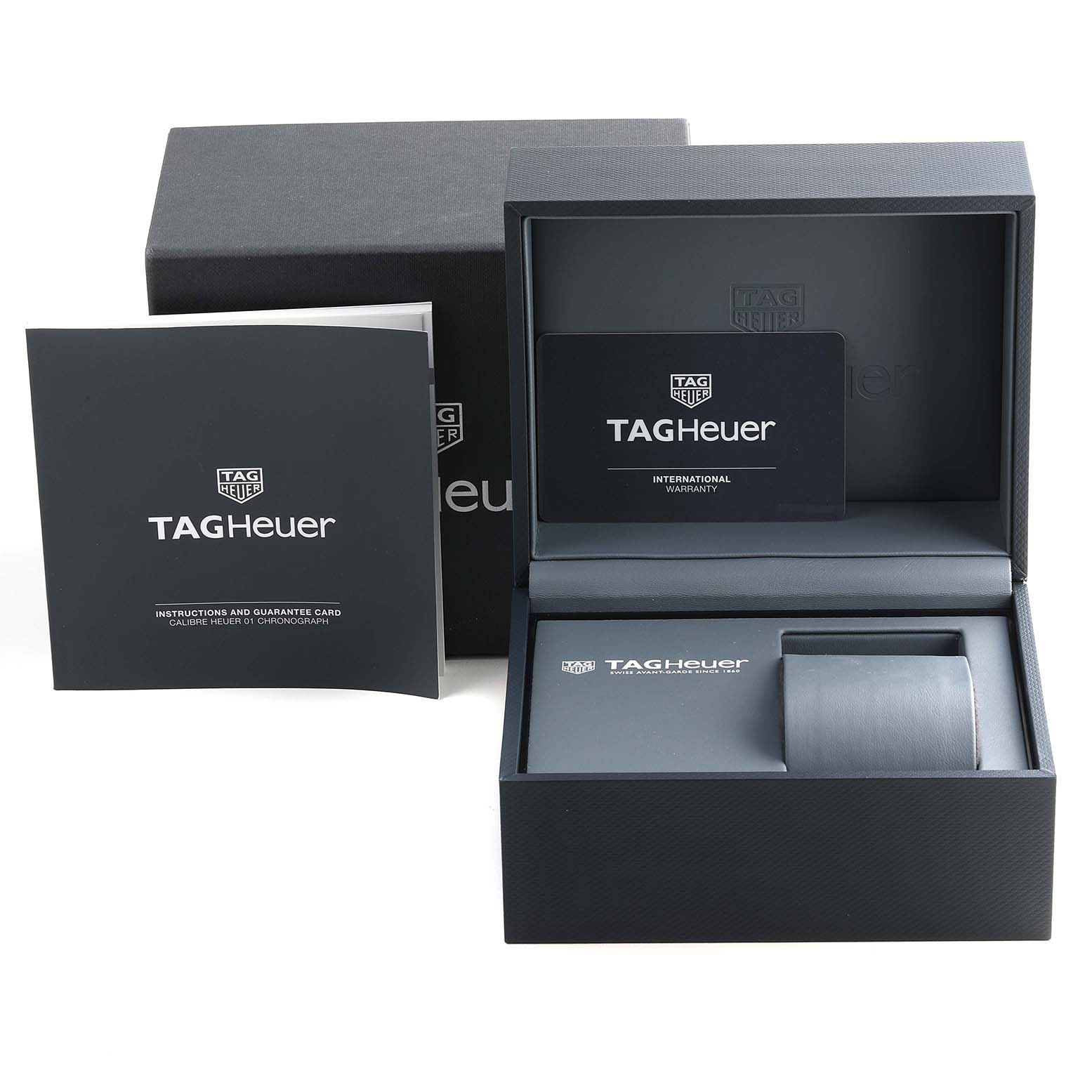 The image shows the packaging, warranty card, and manual for the Tag Heuer Carrera CAR2A8A.BF0707 Men's Titanium Grey Dial CAR2A8A.BF0707 Men's Titanium Grey Dial model watch.