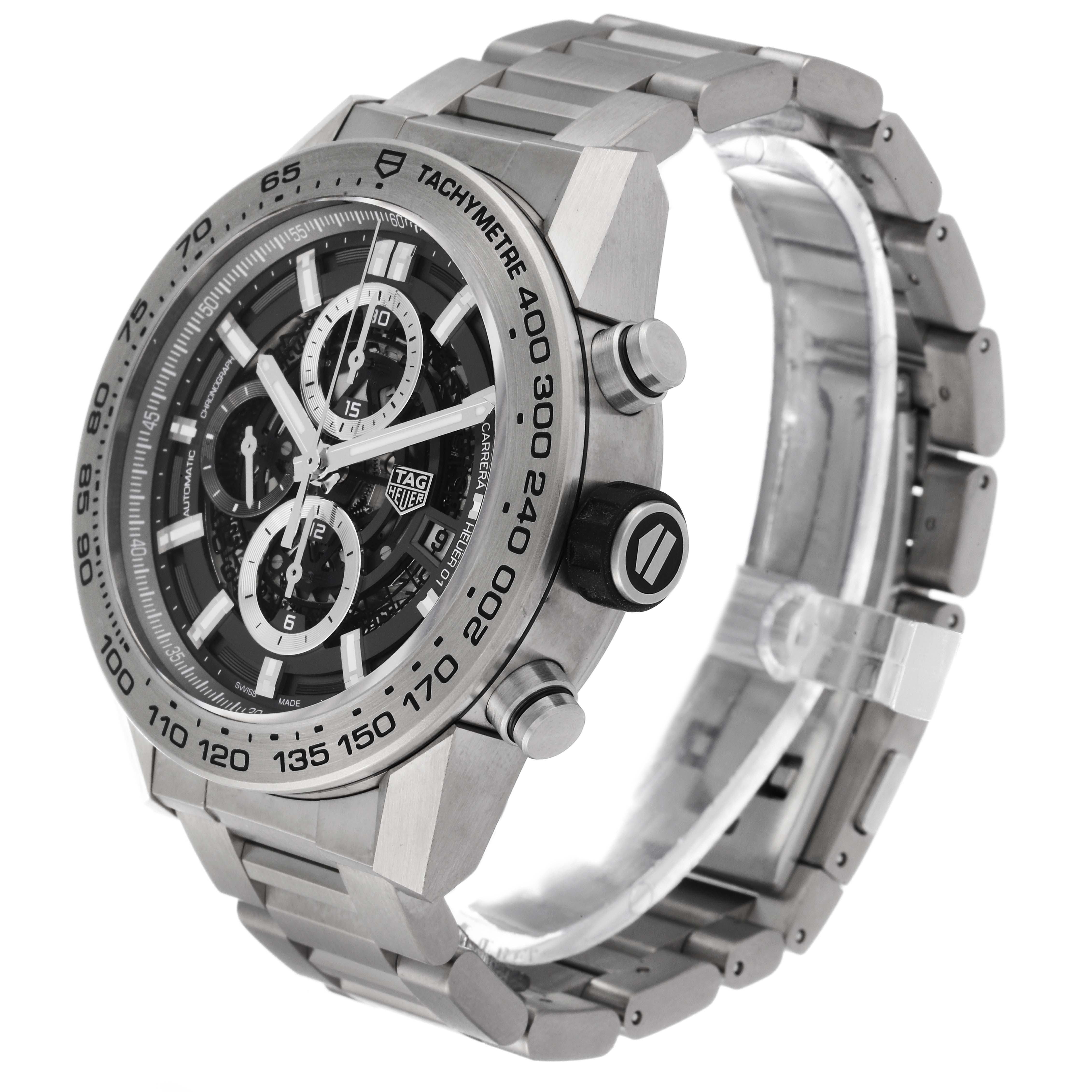 The Tag Heuer Carrera CAR2A8A.BF0707 Men's Titanium Grey Dial CAR2A8A.BF0707 Men's Titanium Grey Dial watch is shown at a three-quarter angle, highlighting the face, bezel, and metal bracelet.