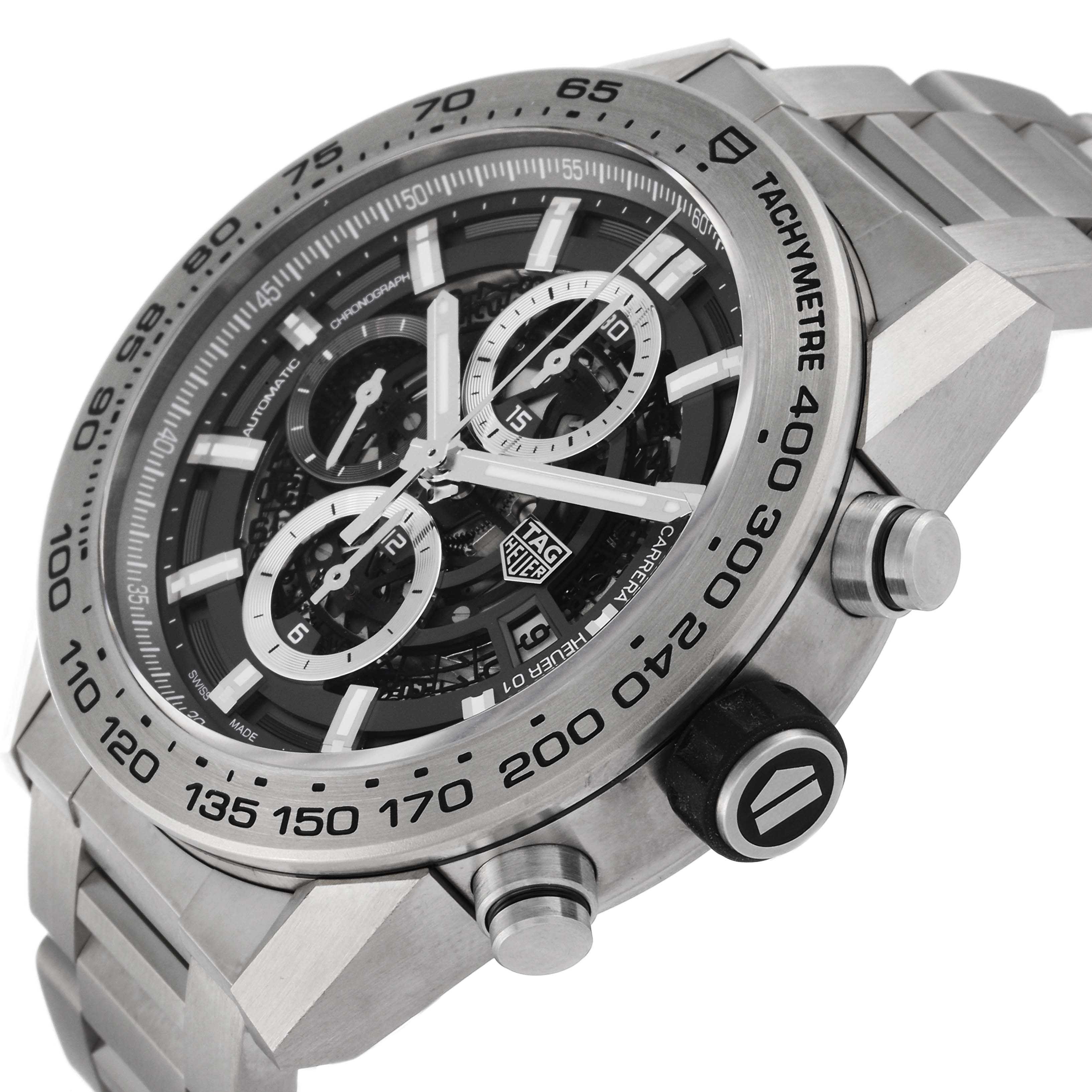 The image shows a side angle of a Tag Heuer Carrera CAR2A8A.BF0707 Men's Titanium Grey Dial CAR2A8A.BF0707 Men's Titanium Grey Dial watch, highlighting its bezel, crown, chronograph buttons, and partially the bracelet.