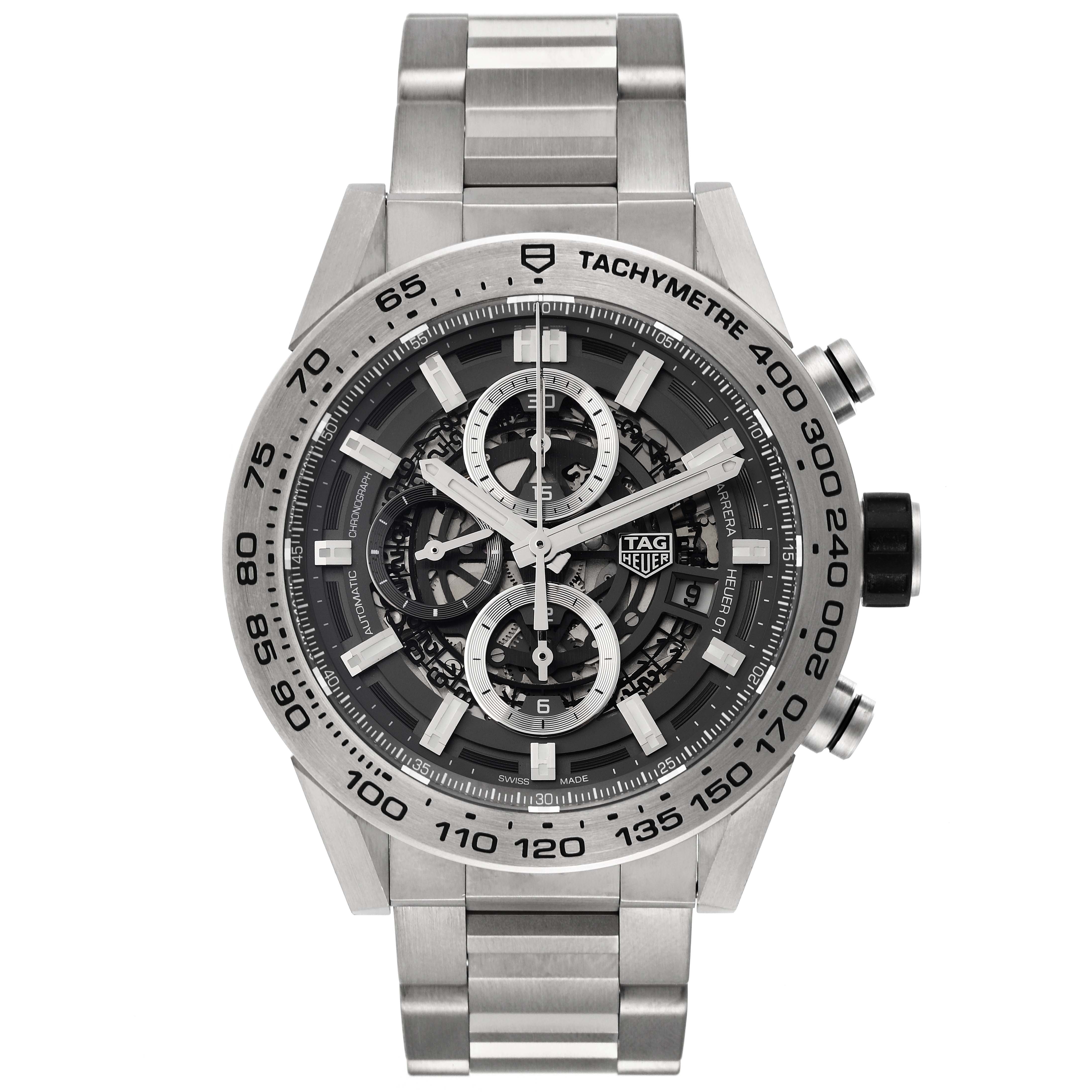 The image shows a front view of the Tag Heuer Carrera CAR2A8A.BF0707 Men's Titanium Grey Dial CAR2A8A.BF0707 Men's Titanium Grey Dial watch, highlighting its dial, bezel, and bracelet.