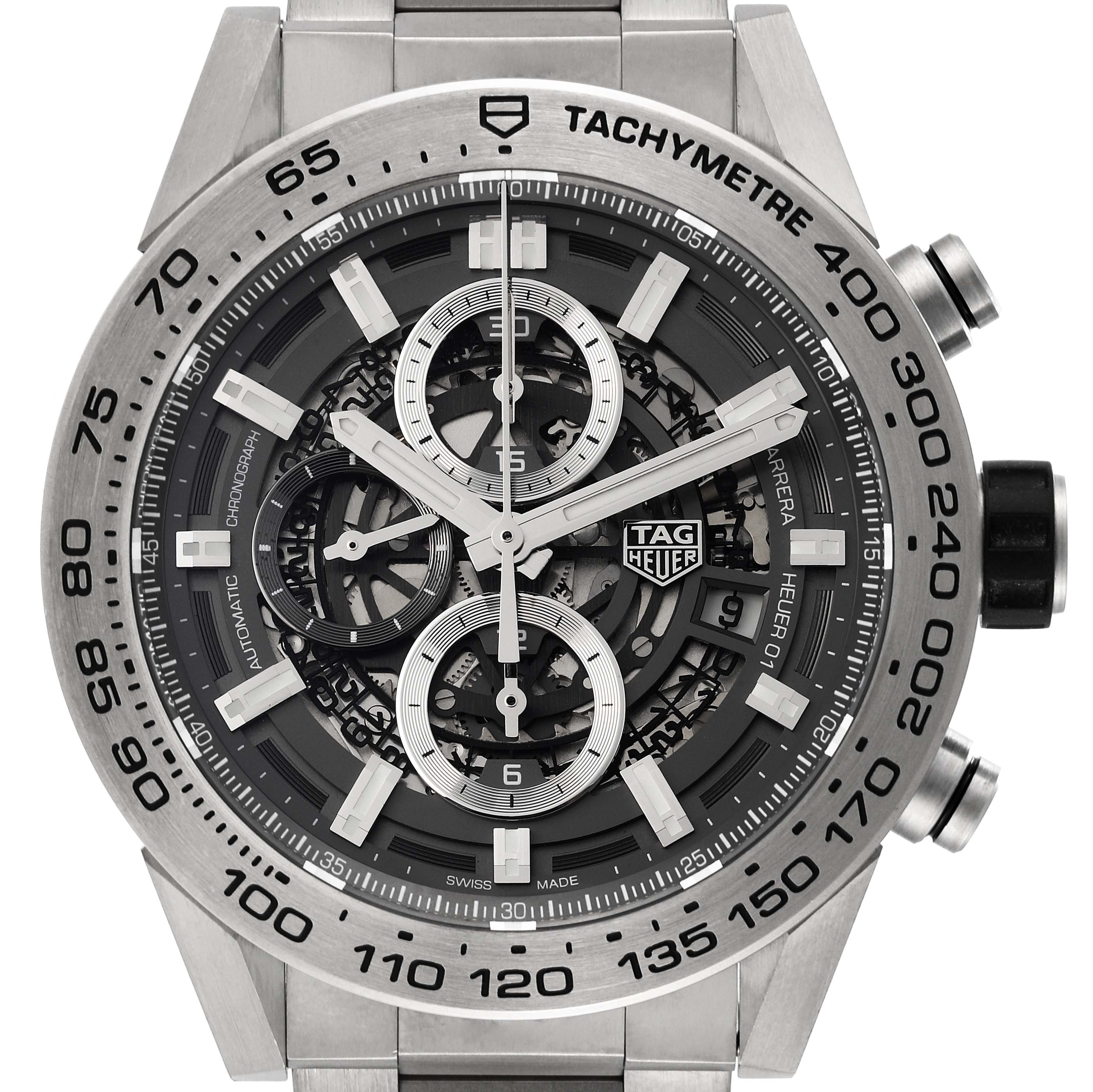 The image shows a close-up, front view of the Tag Heuer Carrera CAR2A8A.BF0707 Men's Titanium Grey Dial CAR2A8A.BF0707 Men's Titanium Grey Dial watch's dial, highlighting the tachymeter, subdials, and hands.