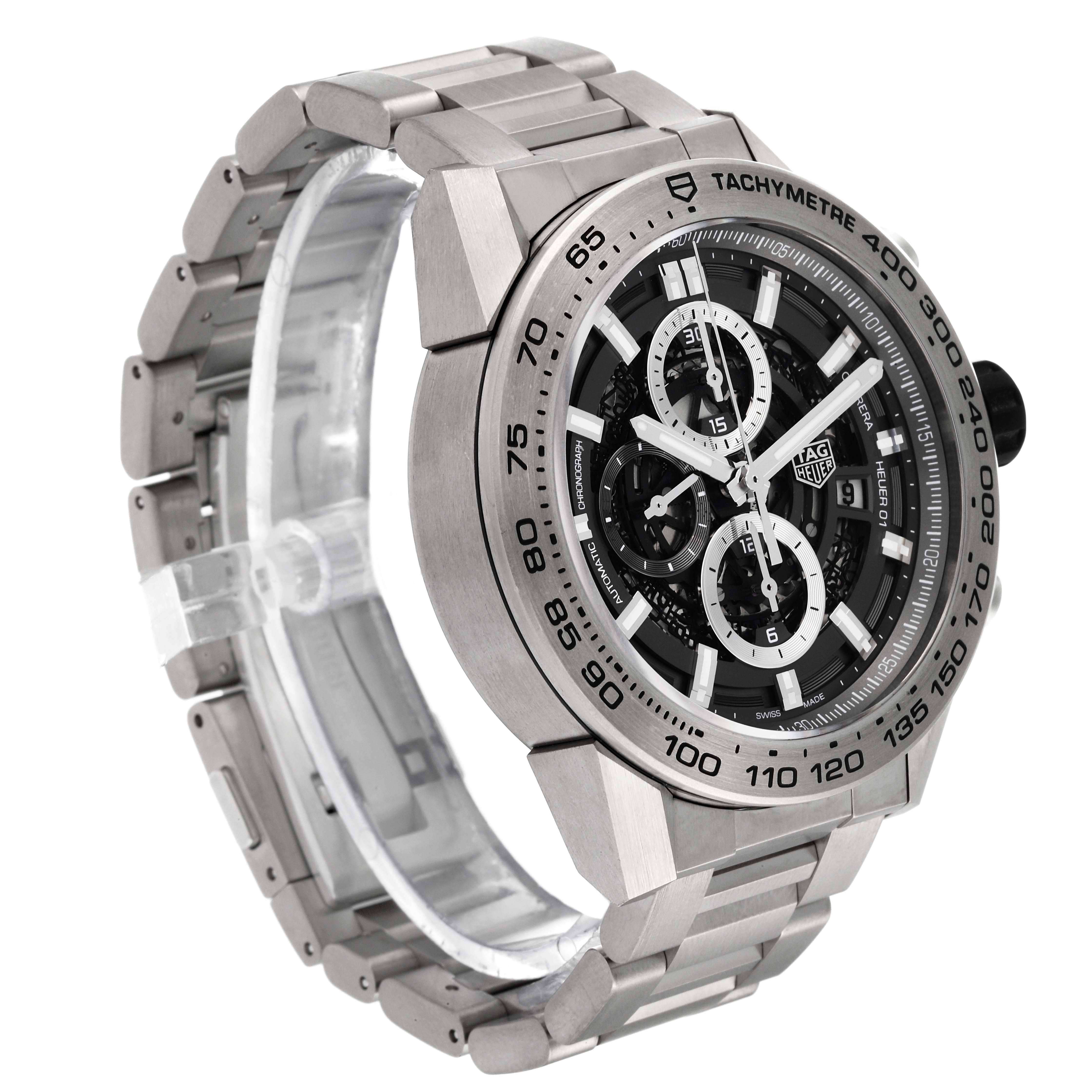 The image shows a Tag Heuer Carrera CAR2A8A.BF0707 Men's Titanium Grey Dial CAR2A8A.BF0707 Men's Titanium Grey Dial watch from a front-left angle, highlighting the face, bezel, and bracelet.