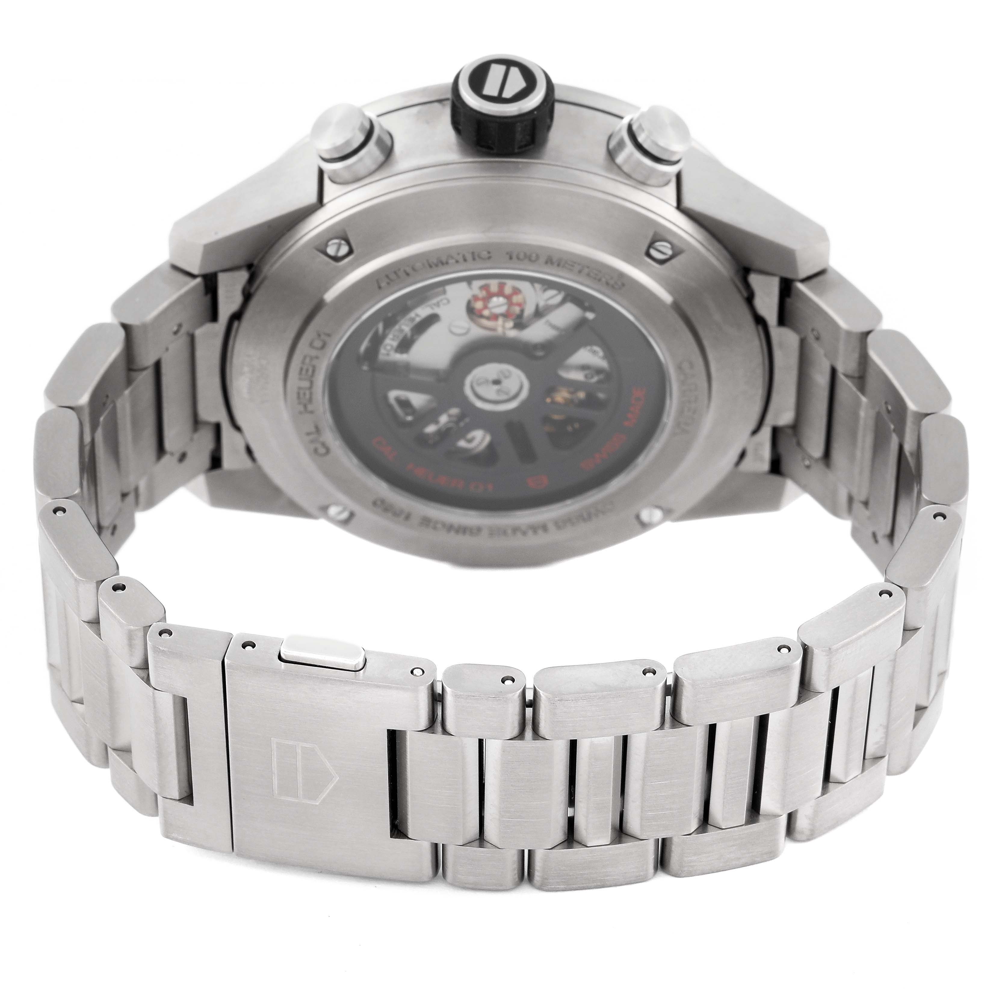 The image shows the back view of a Tag Heuer Carrera CAR2A8A.BF0707 Men's Titanium Grey Dial CAR2A8A.BF0707 Men's Titanium Grey Dial watch, highlighting the bracelet, clasp, and transparent case back.