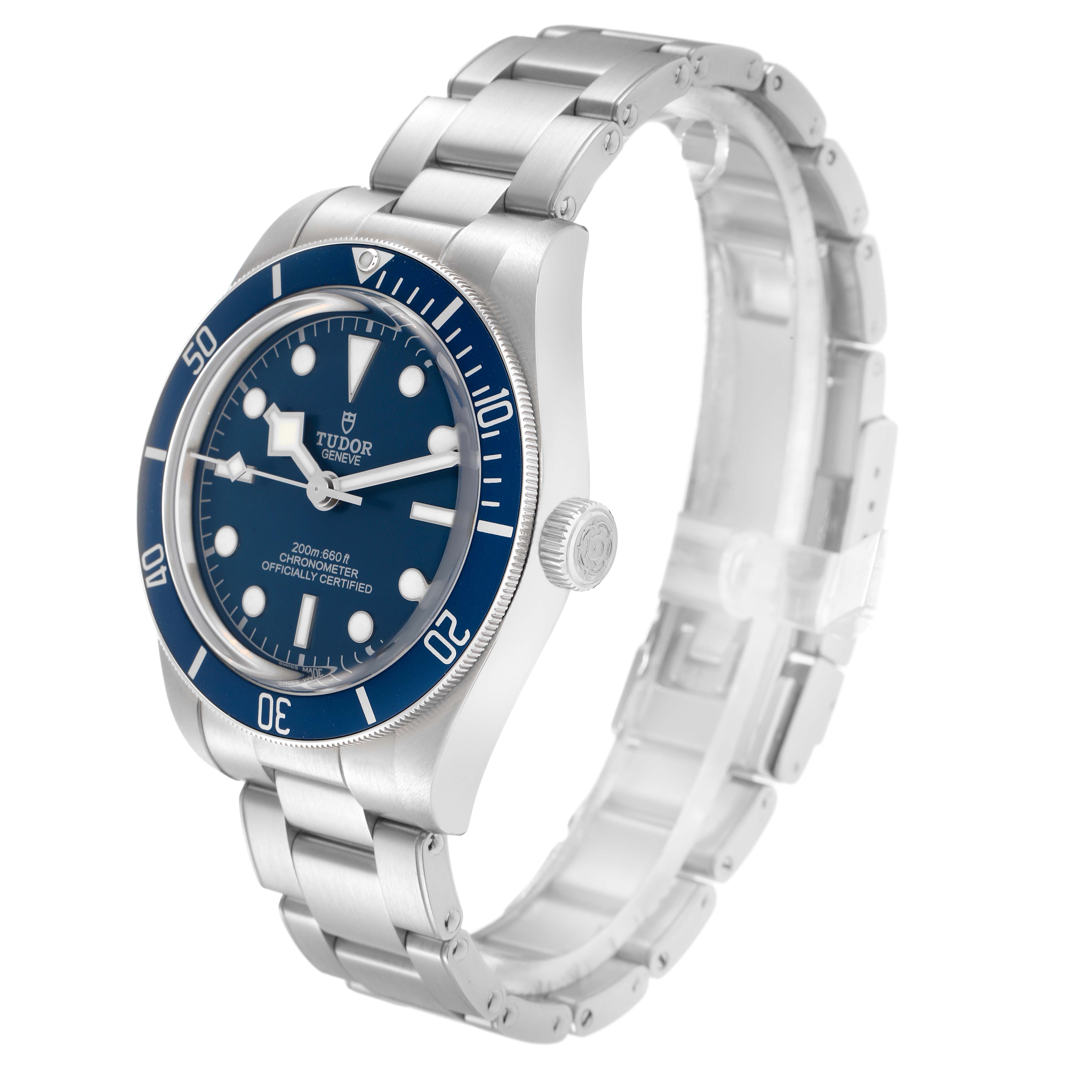 The Tudor Heritage Black Bay 79030B Men
s Stainless Steel Blue Dial watch is shown at a three-quarter angle, highlighting the face, bezel, and bracelet.