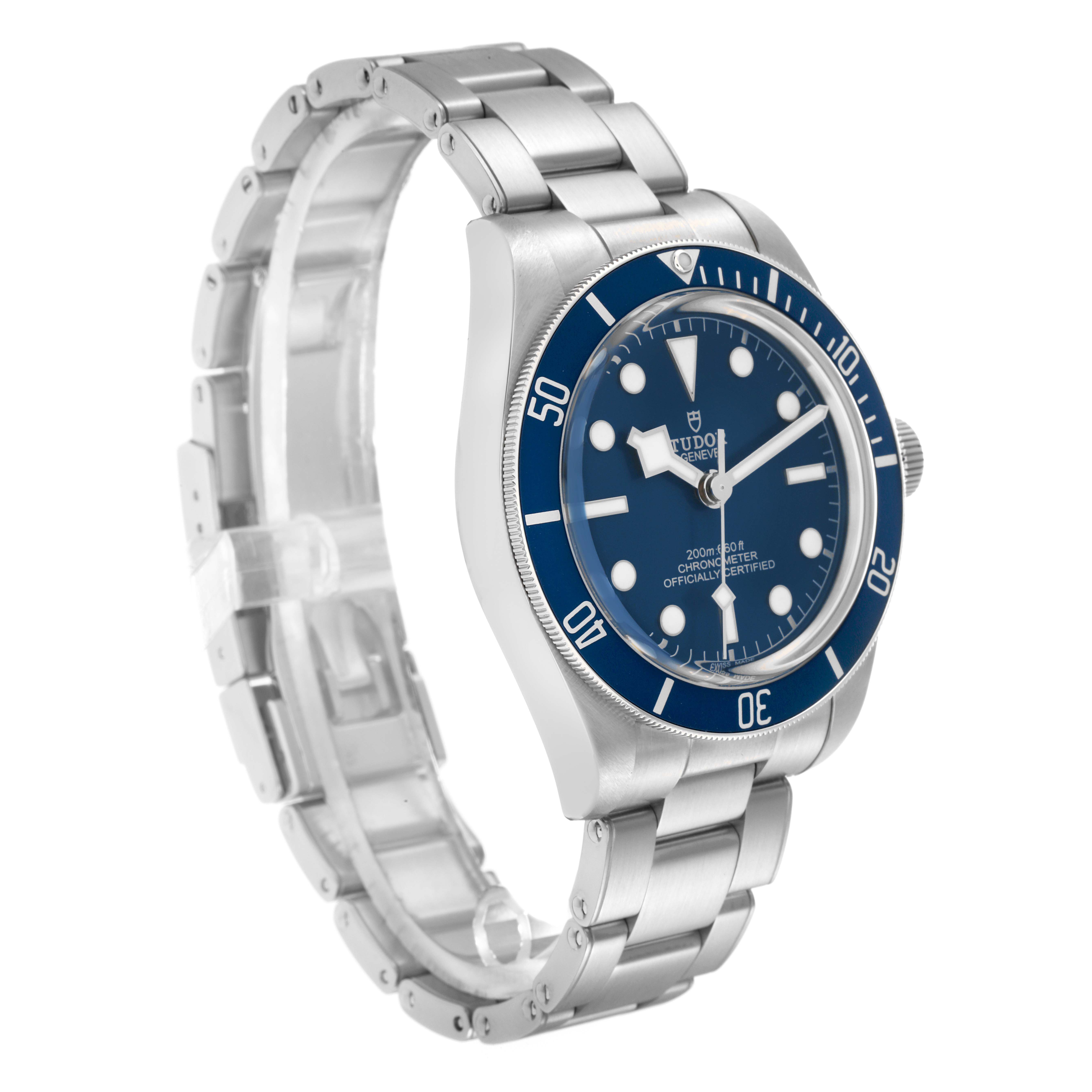 The Tudor Heritage Black Bay 79030B Men
s Stainless Steel Blue Dial watch is shown at a slight angle, highlighting the blue bezel, face, and metal bracelet.