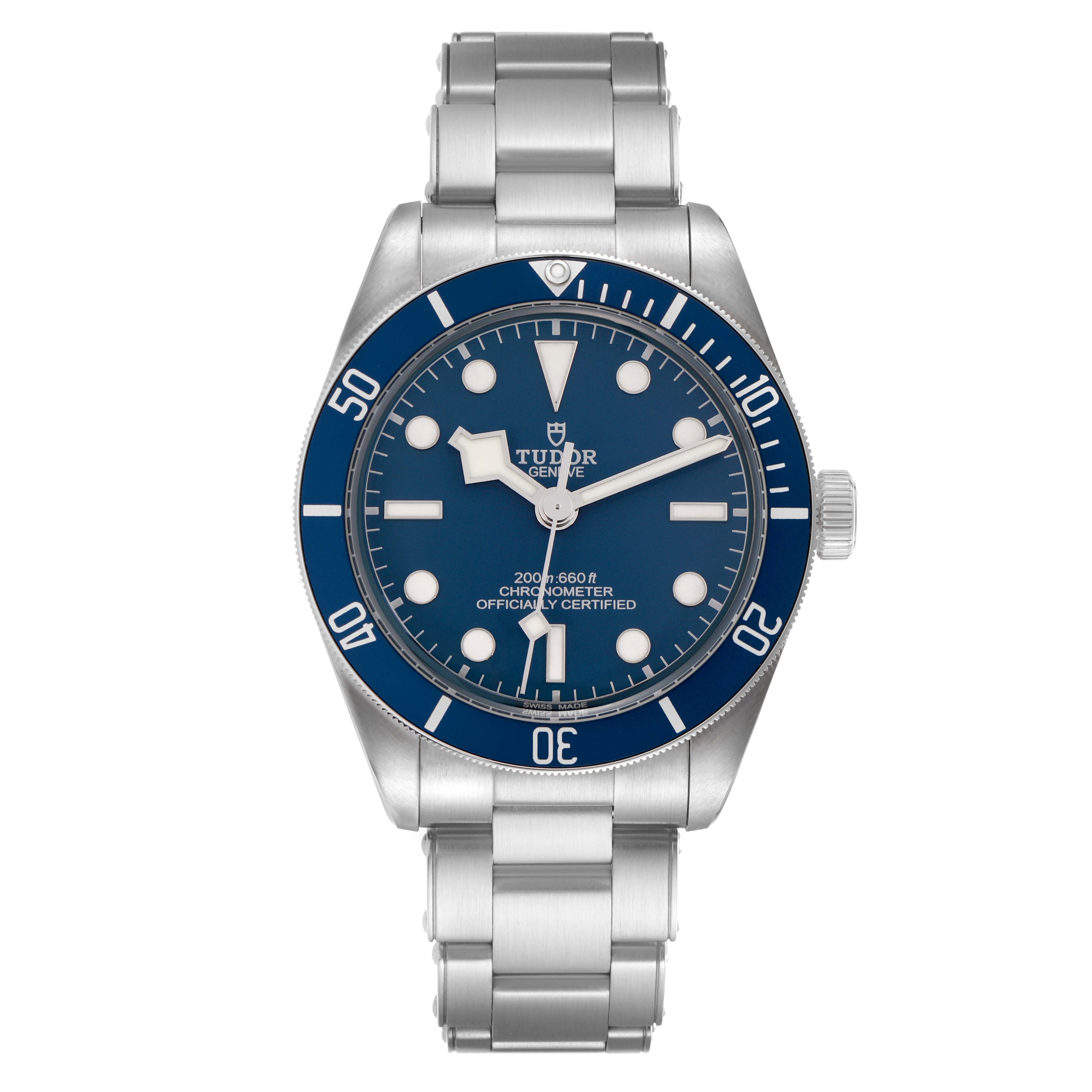 The Tudor Heritage Black Bay 79030B Men
s Stainless Steel Blue Dial watch is shown from a front angle, displaying its blue dial, bezel, bracelet, and crown.
