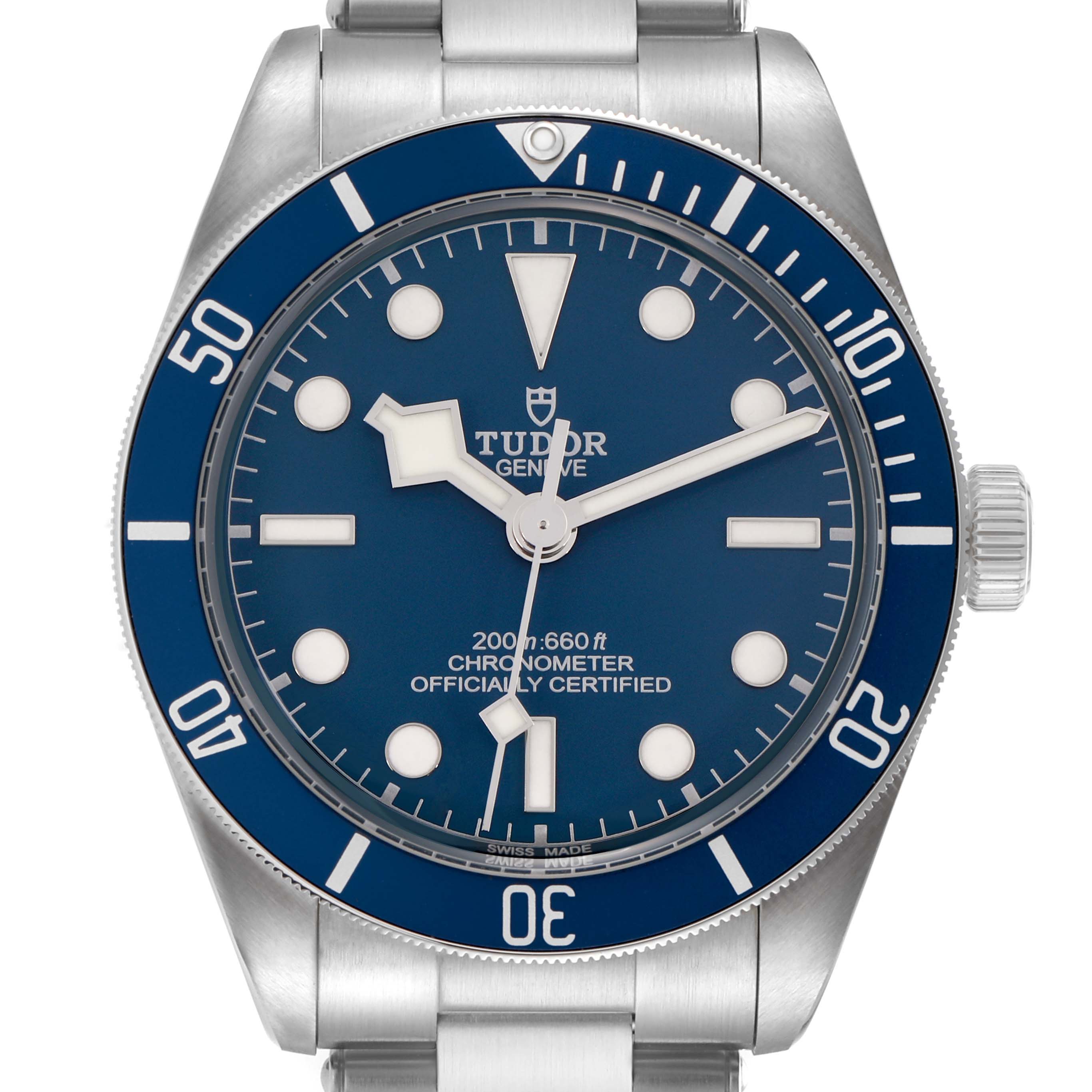 The Tudor Heritage Black Bay 79030B Men
s Stainless Steel Blue Dial watch is shown from a front angle, featuring the face, bezel, and part of the bracelet.