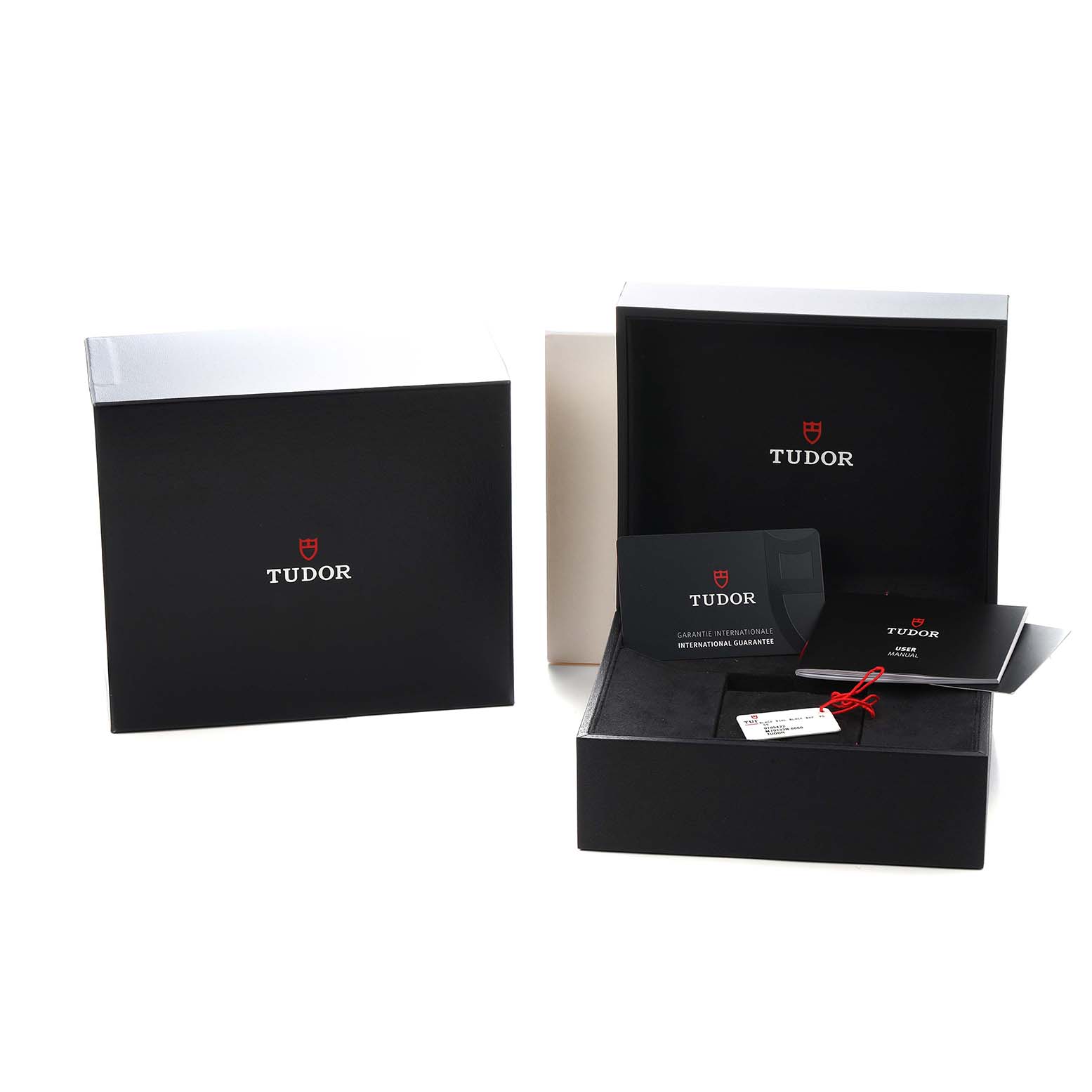 The image shows the Tudor Heritage Black Bay 79733 Men
s Steel and Gold (two tone) Black Dial
s box, warranty card, and manuals, with the packaging open and closed.