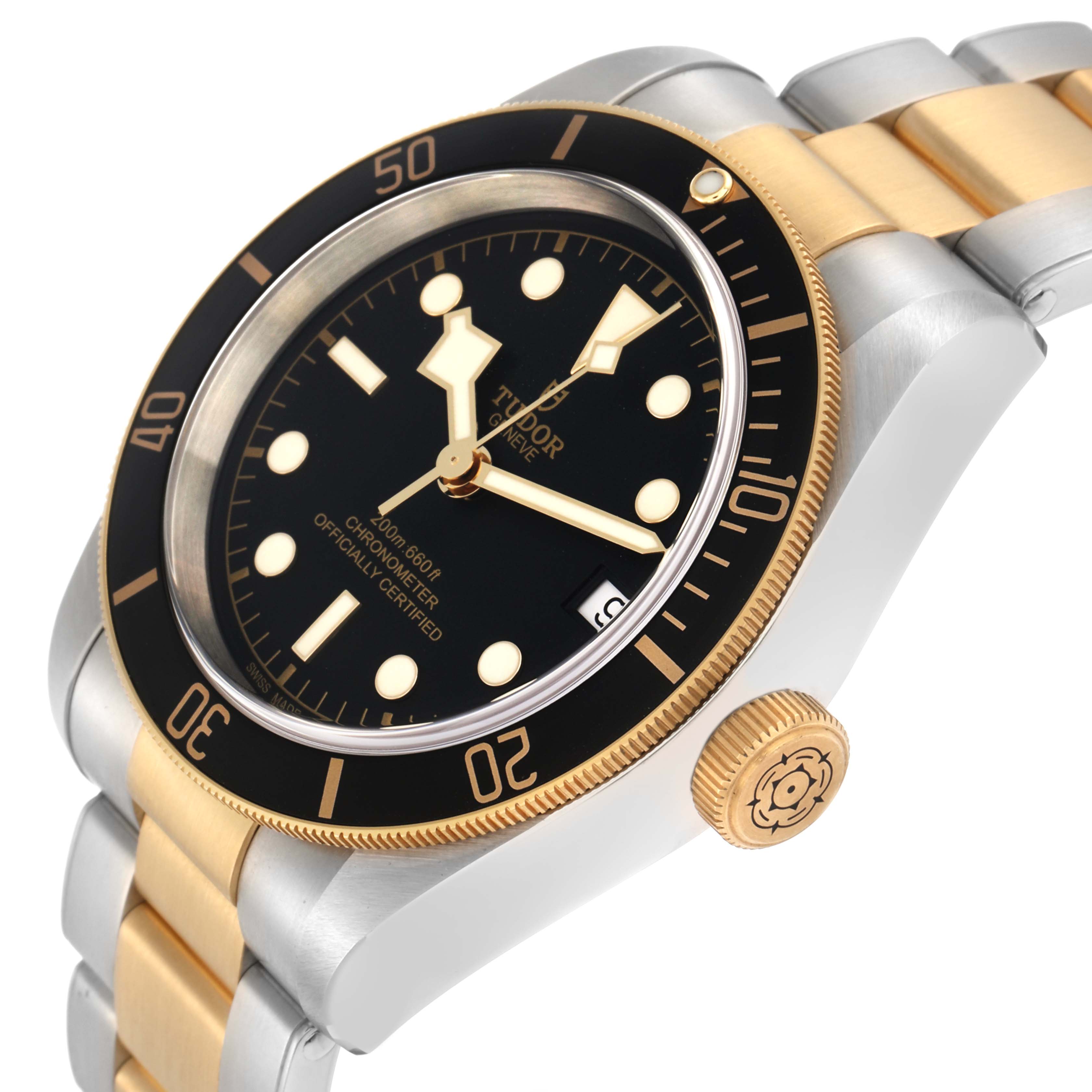 The Tudor Heritage Black Bay 79733 Men
s Steel and Gold (two tone) Black Dial watch is shown at an angled side view, highlighting the bezel, dial, crown, and bracelet.