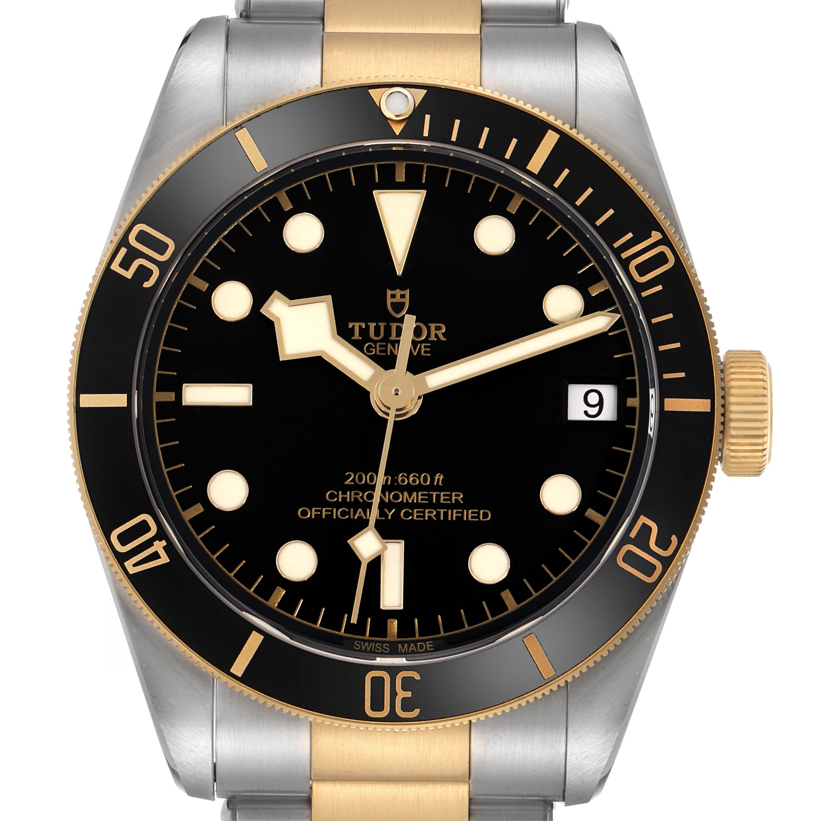 The Tudor Heritage Black Bay 79733 Men
s Steel and Gold (two tone) Black Dial watch is shown front-on, highlighting its bezel, dial, crown, and part of the bracelet.