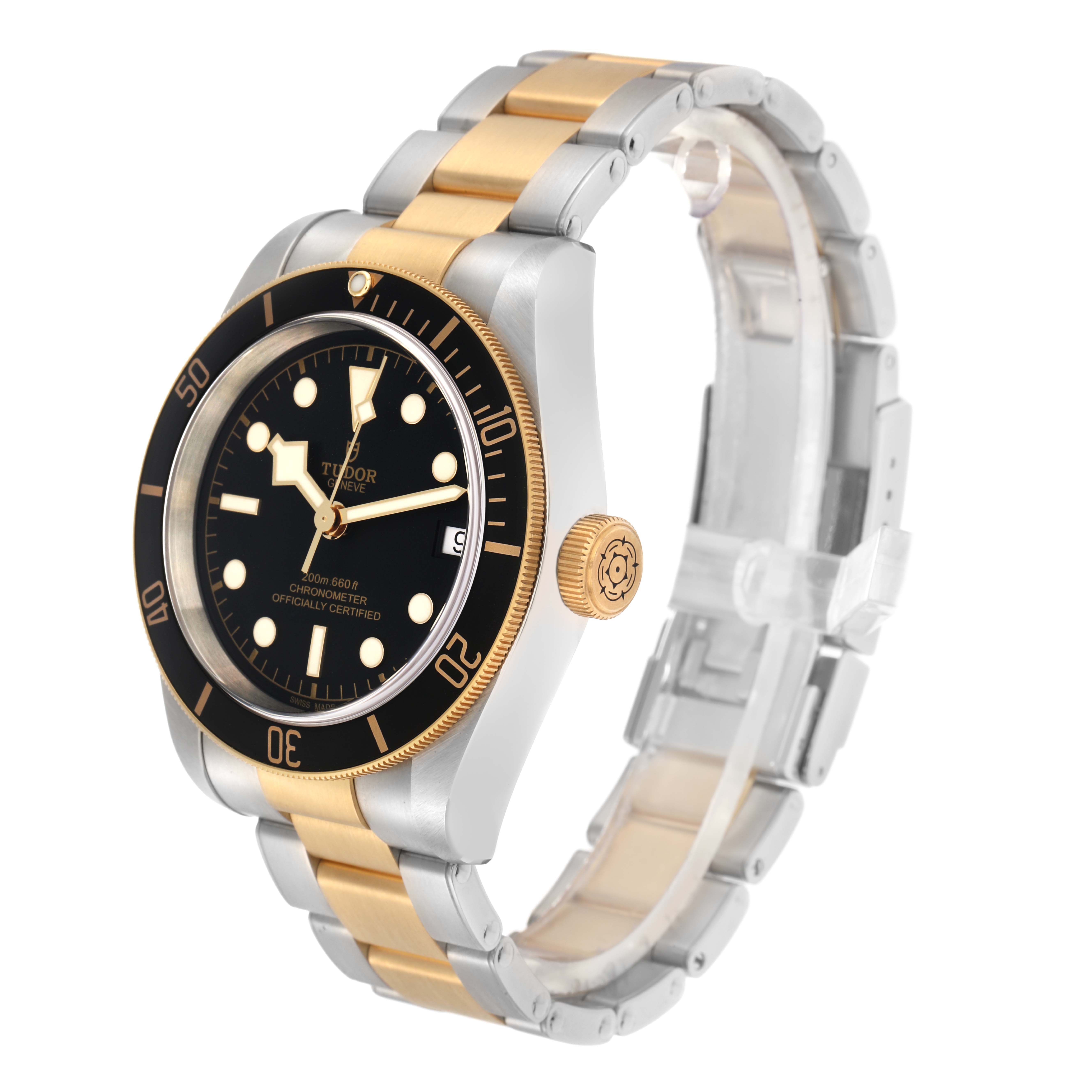 The Tudor Heritage Black Bay 79733 Men
s Steel and Gold (two tone) Black Dial watch is shown at a three-quarter angle, displaying the face, bezel, bracelet, and crown.