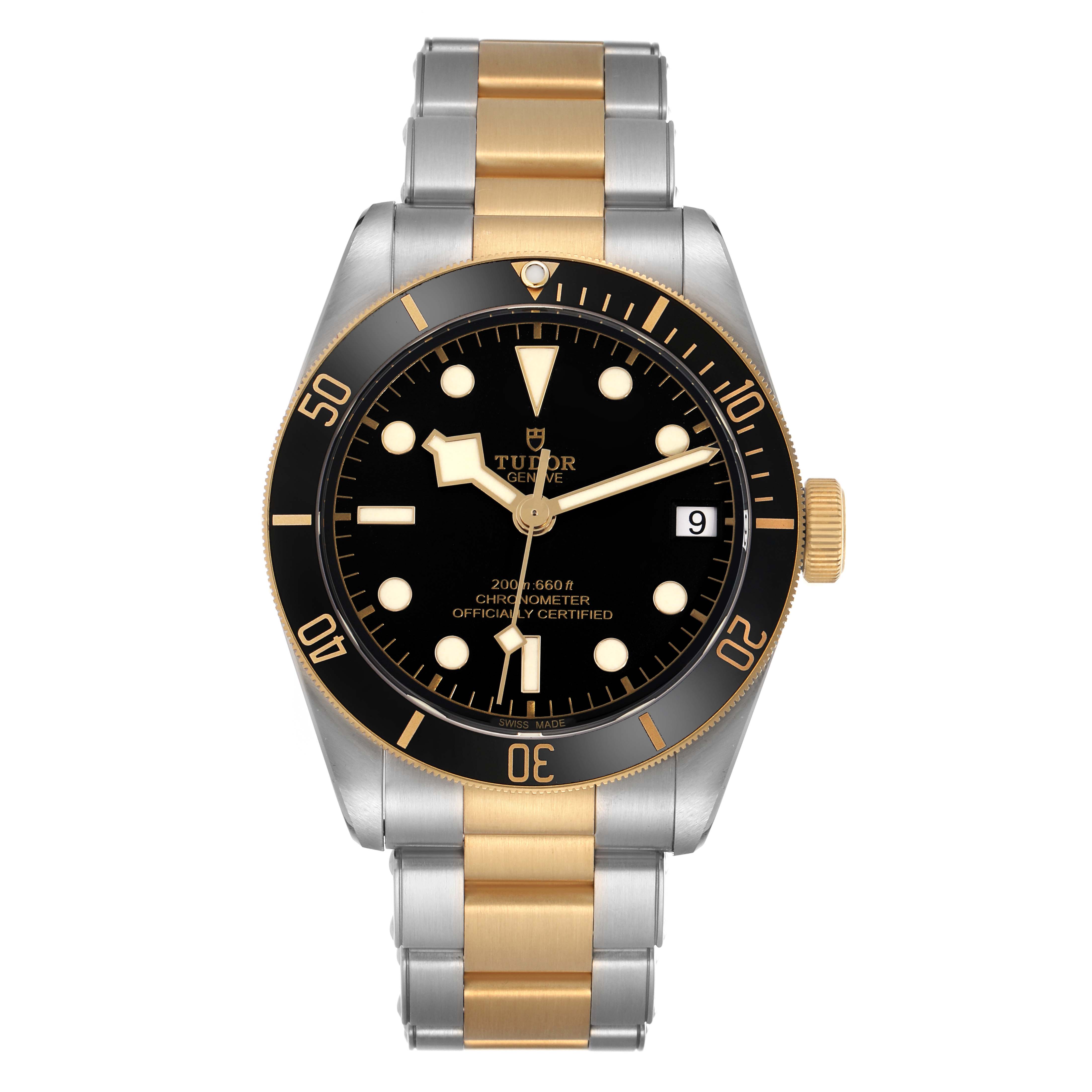The Tudor Heritage Black Bay 79733 Men
s Steel and Gold (two tone) Black Dial watch is shown from a front angle, displaying its bezel, dial, hands, case, and bracelet.
