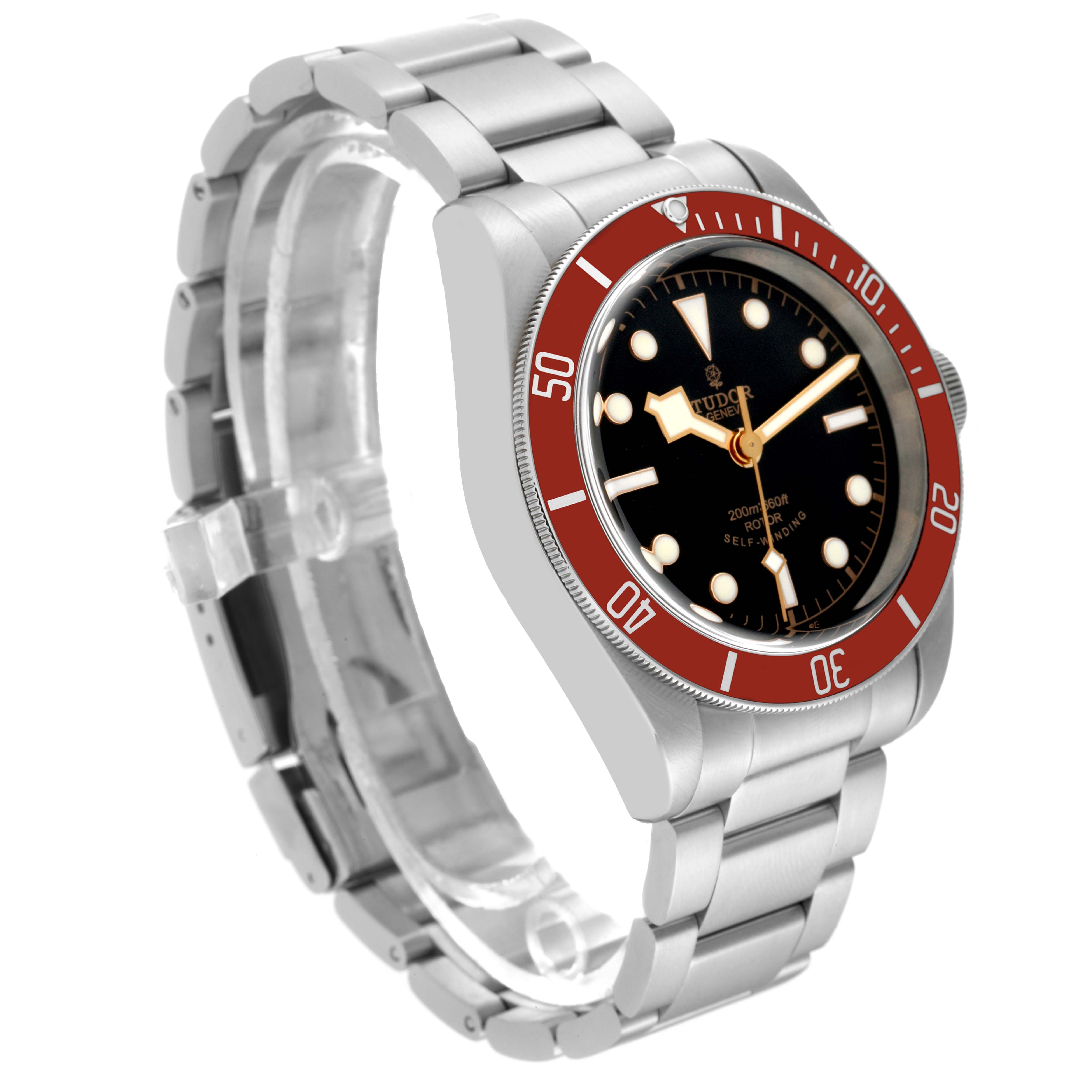 This Tudor Heritage Black Bay 79220R Men
s Stainless Steel Black Dial 79220R Men
s Stainless Steel Black Dial watch is shown at a three-quarter angle, highlighting its bezel, dial, and metal bracelet.