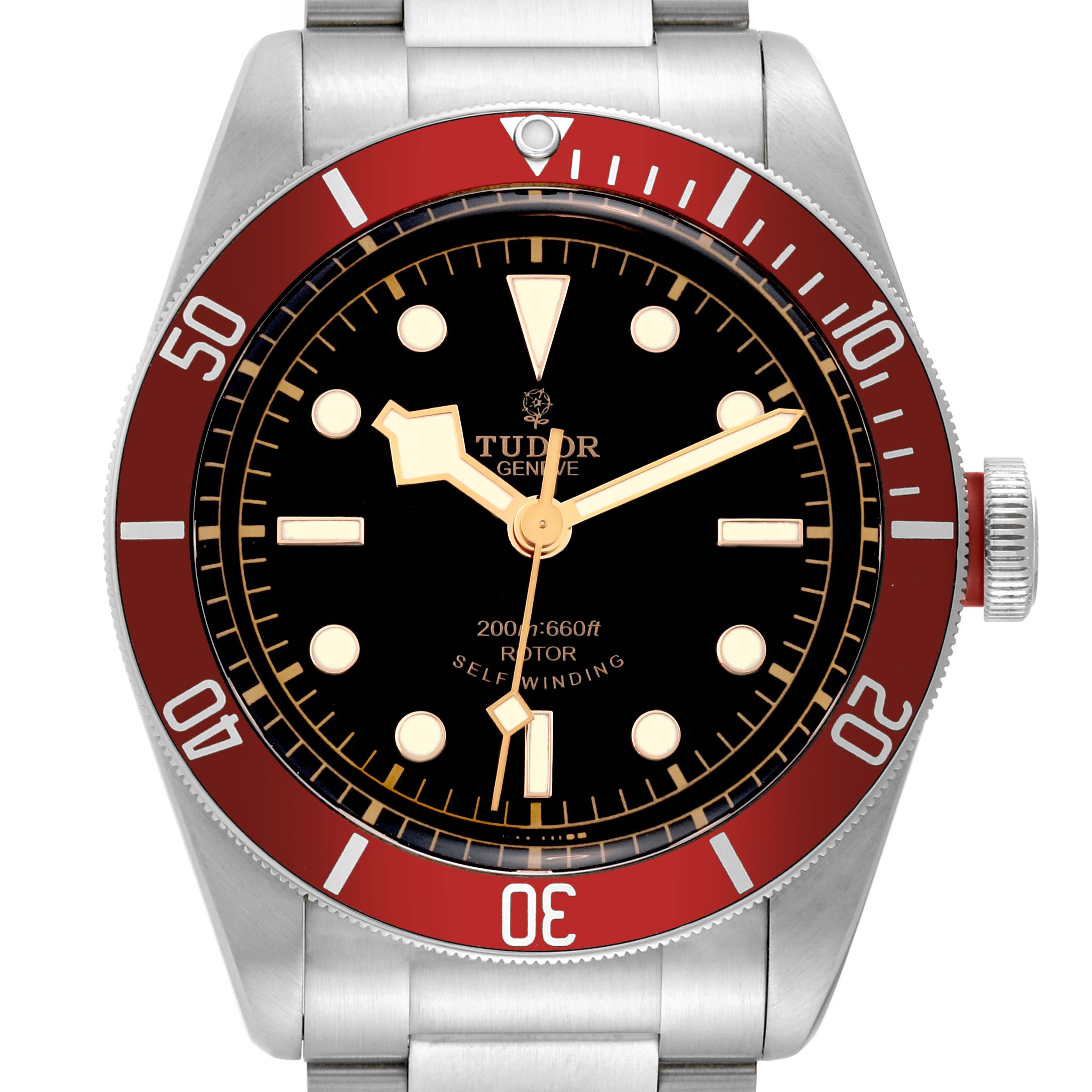 The Tudor Heritage Black Bay 79220R Men
s Stainless Steel Black Dial 79220R Men
s Stainless Steel Black Dial watch is shown from a front angle, displaying the dial, bezel, and part of the bracelet.