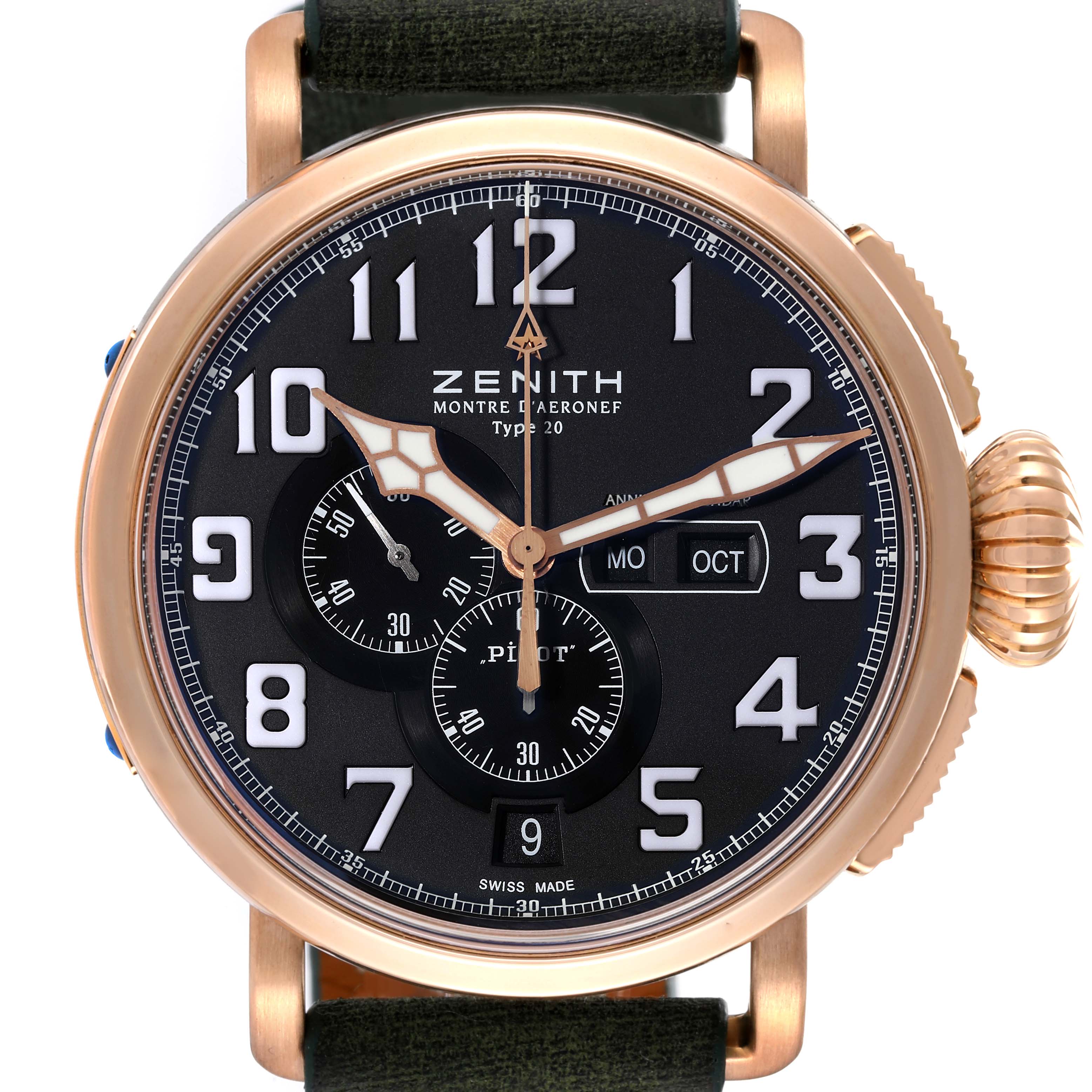 The image shows a front angle of the Zenith Pilot 87.2430.4054 Men's Titanium Grey Dial 87.2430.4054 Men's Titanium Grey Dial watch, highlighting its dials, hands, numbers, and calendar indicators.